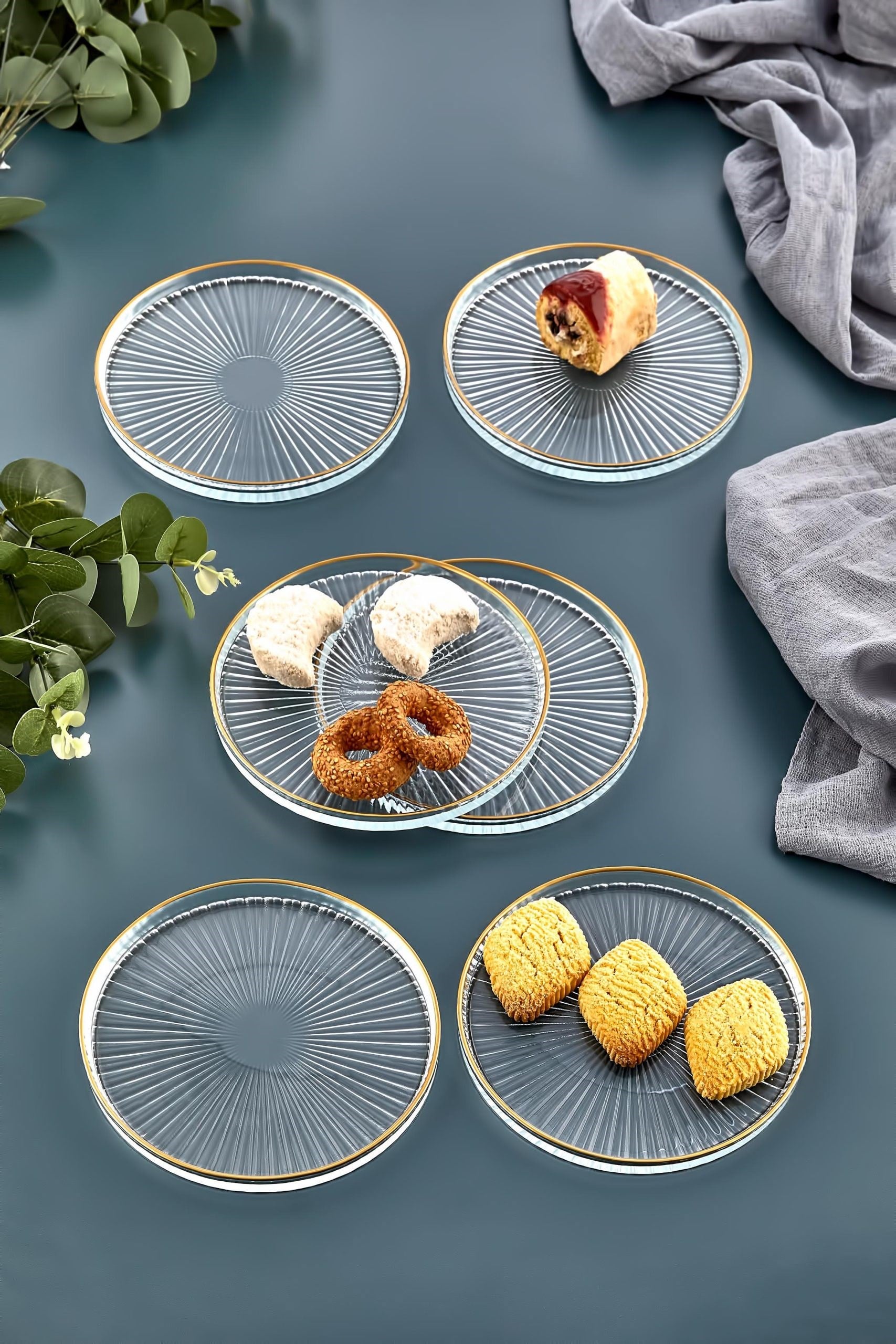 6'lı Cam Kek Pasta Tabağı Seti - Yaldızlı Lüks Pasta Takımı(16CM)