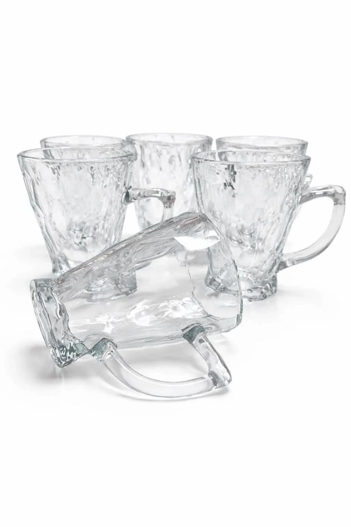 6'lı Cam Kulplu Bardak Seti – Şeffaf Desenli Çay ve Kahve Bardağı