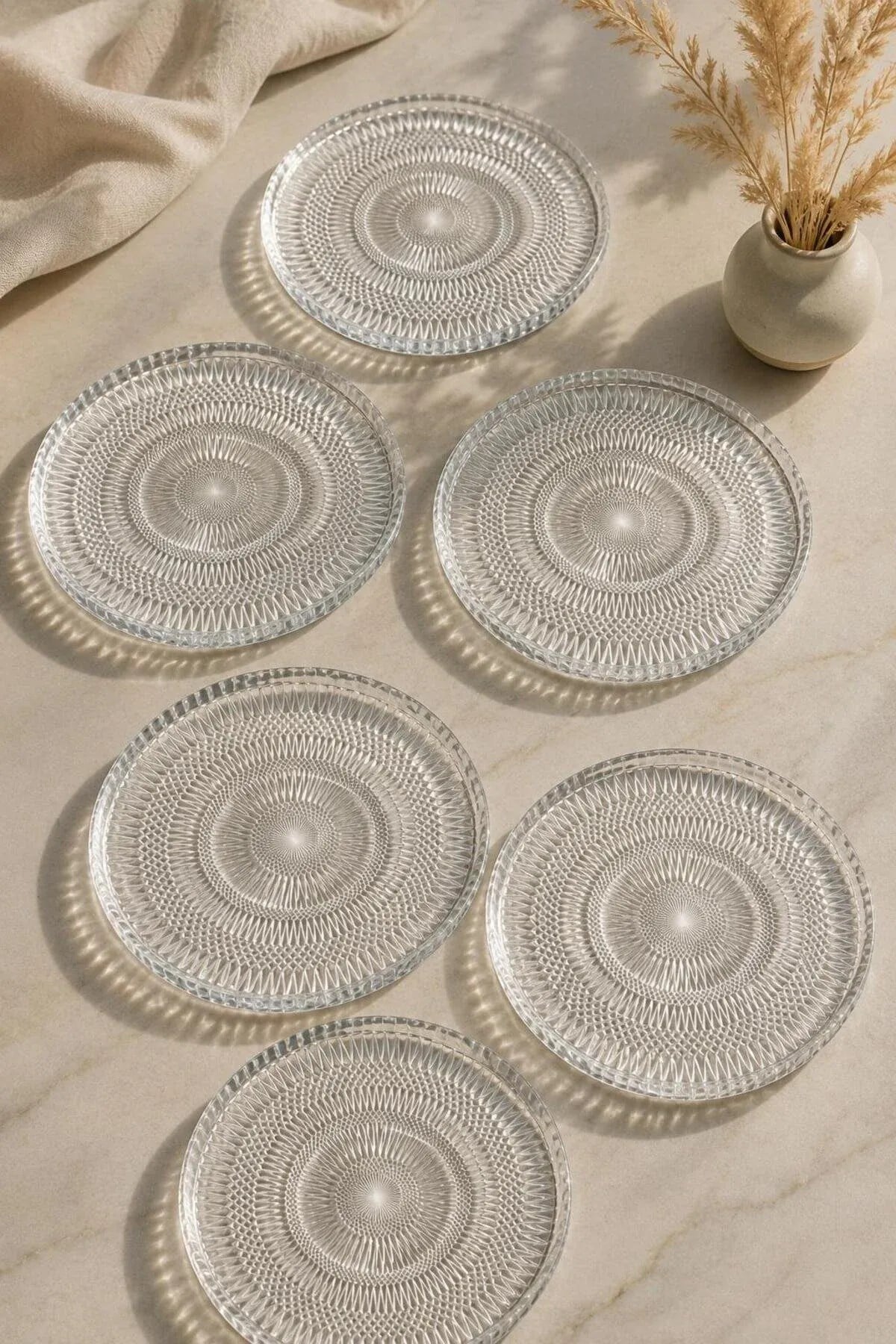 6'lı Desenli Cam Pasta ve Tatlı Servis Tabağı Seti 16 cm