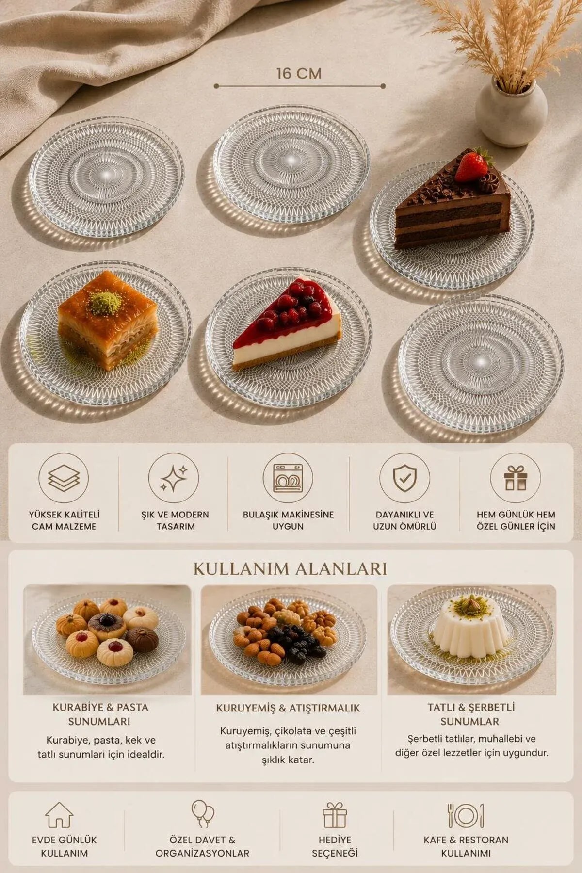 6'lı Desenli Cam Pasta ve Tatlı Servis Tabağı Seti 16 cm