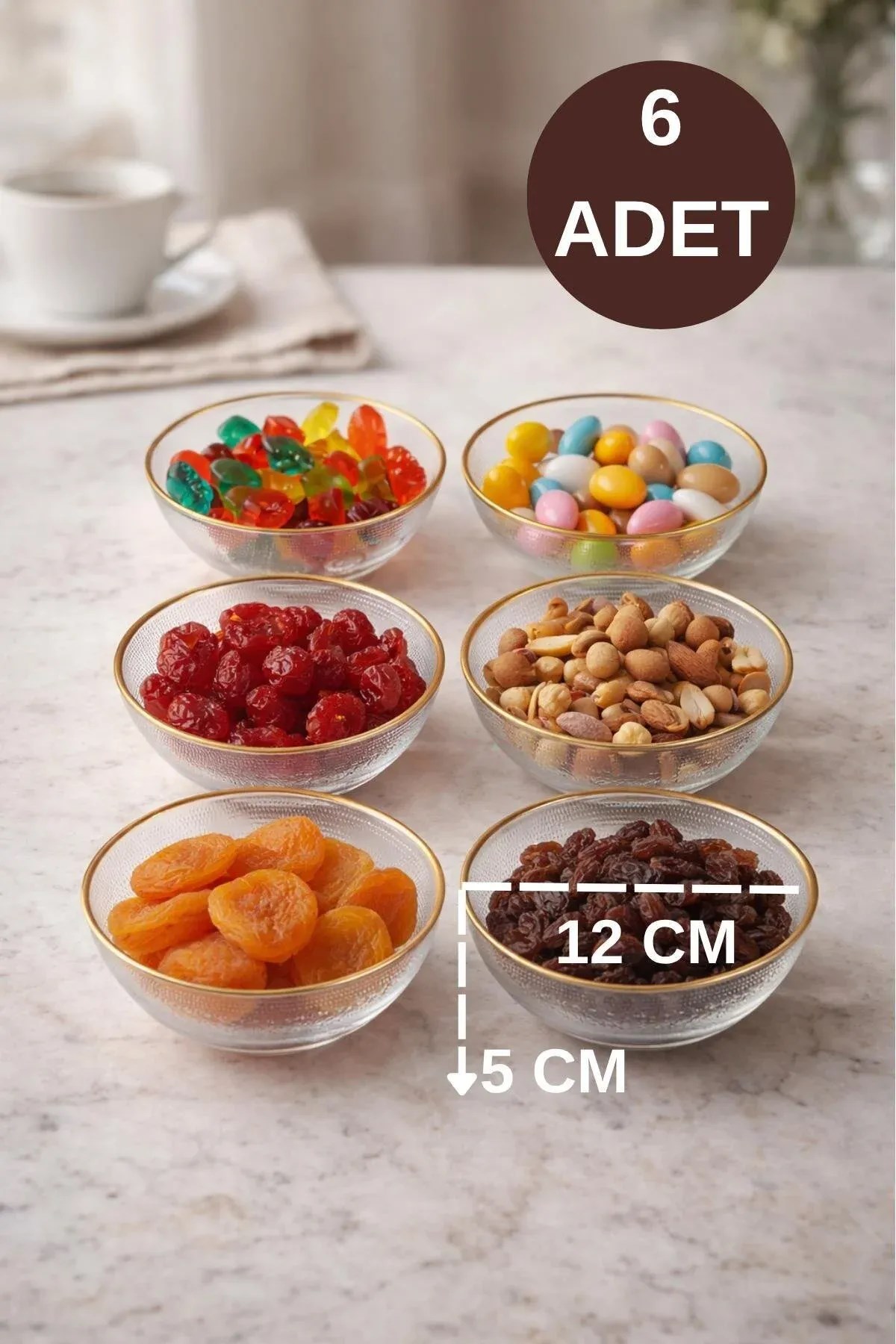 6'lı Gold Yaldızlı Cam Kase 12 Cm – Magnolia ve Çerezlik Kasesi
