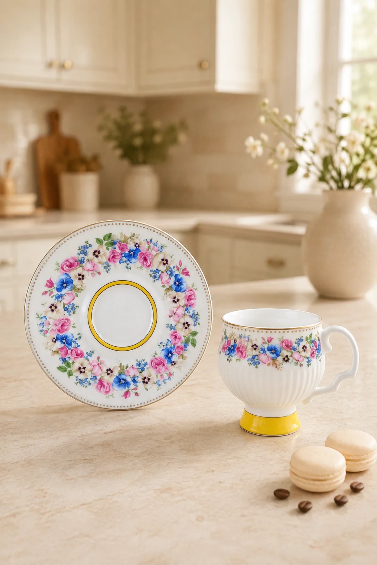 6'lı Renkli Çiçek Desenli Porselen Kahve Fincanı Takımı - Pembe ve Sarı Ayaklı Zarif Tasarım