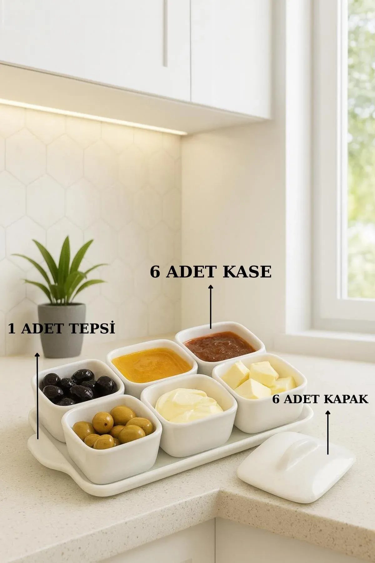 6'lı Tepsili Lüks Kahvaltılık Sosluk Reçellik Seti | Kapaklı Seramik