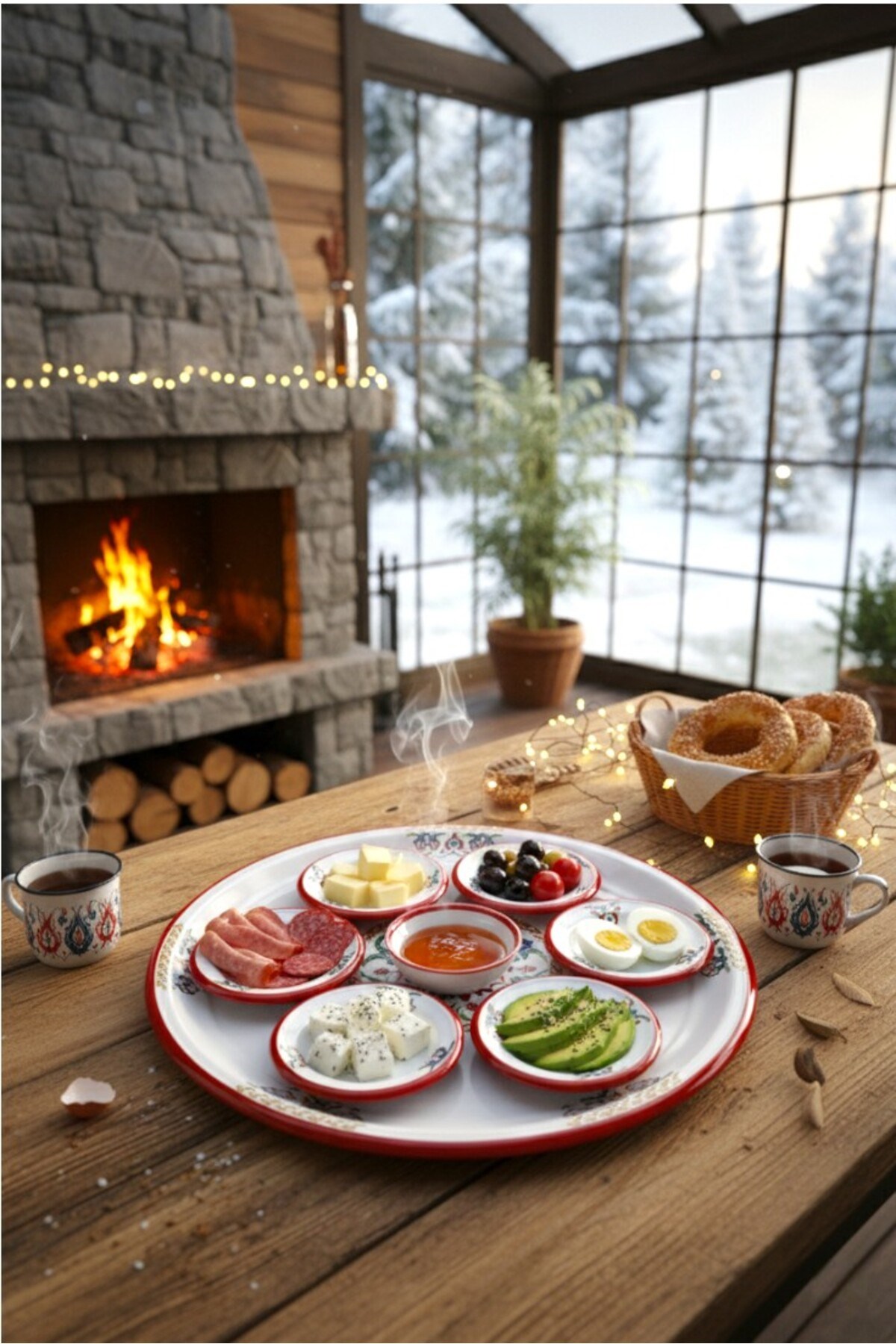 7 Parça Büyükboy çırağan Desenli Emaye Kahvaltı Seti, Sunum, Kahvaltı Tabağı, Reçellik, Çeyiz