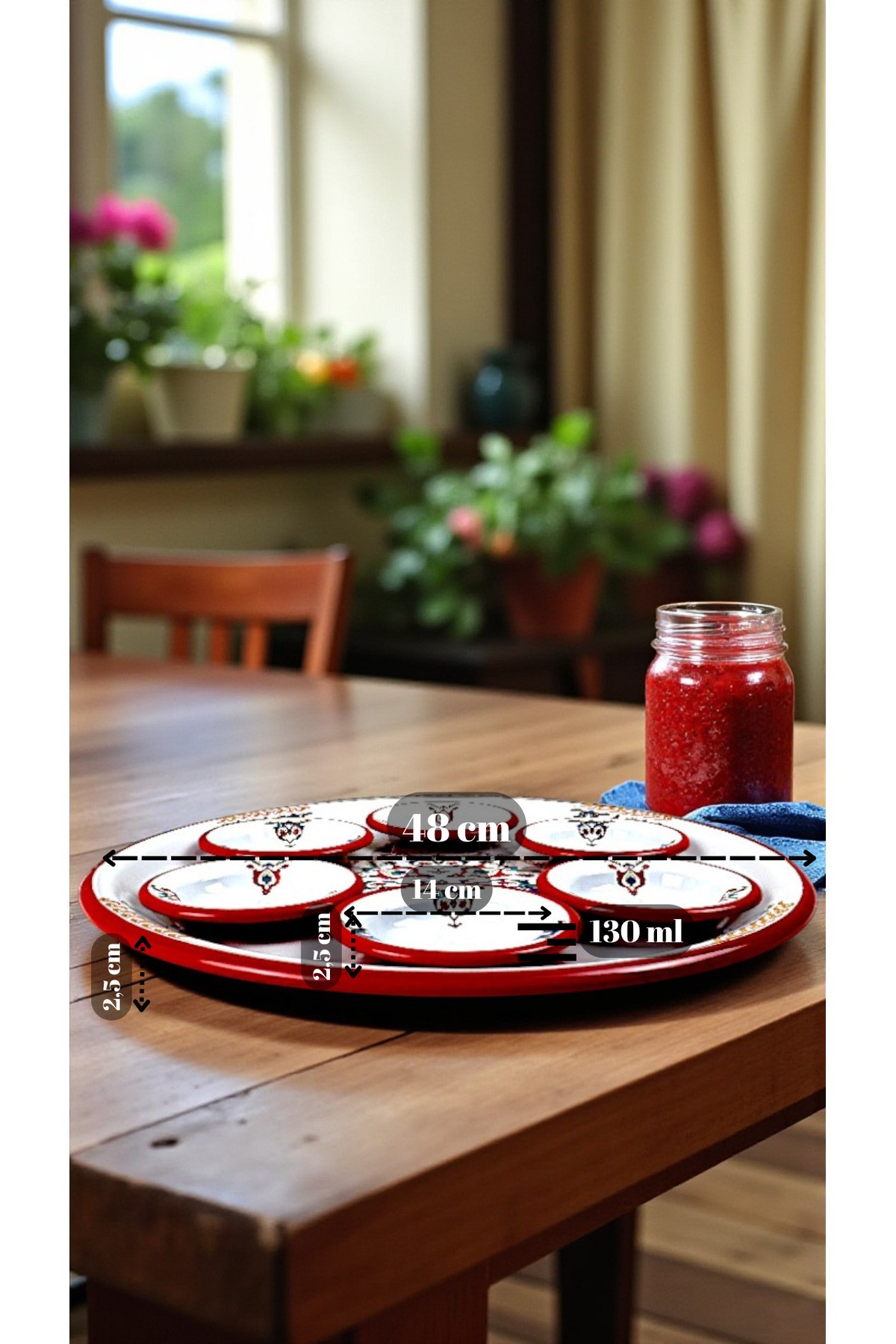 7 Parça Büyükboy çırağan Desenli Emaye Kahvaltı Seti, Sunum, Kahvaltı Tabağı, Reçellik, Çeyiz