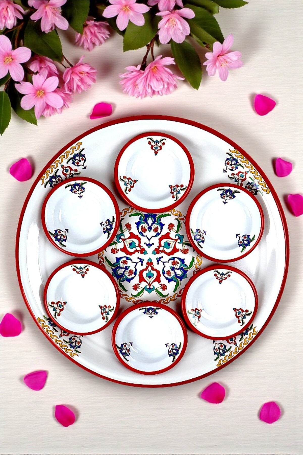 7 Parça Büyükboy çırağan Desenli Emaye Kahvaltı Seti, Sunum, Kahvaltı Tabağı, Reçellik, Çeyiz