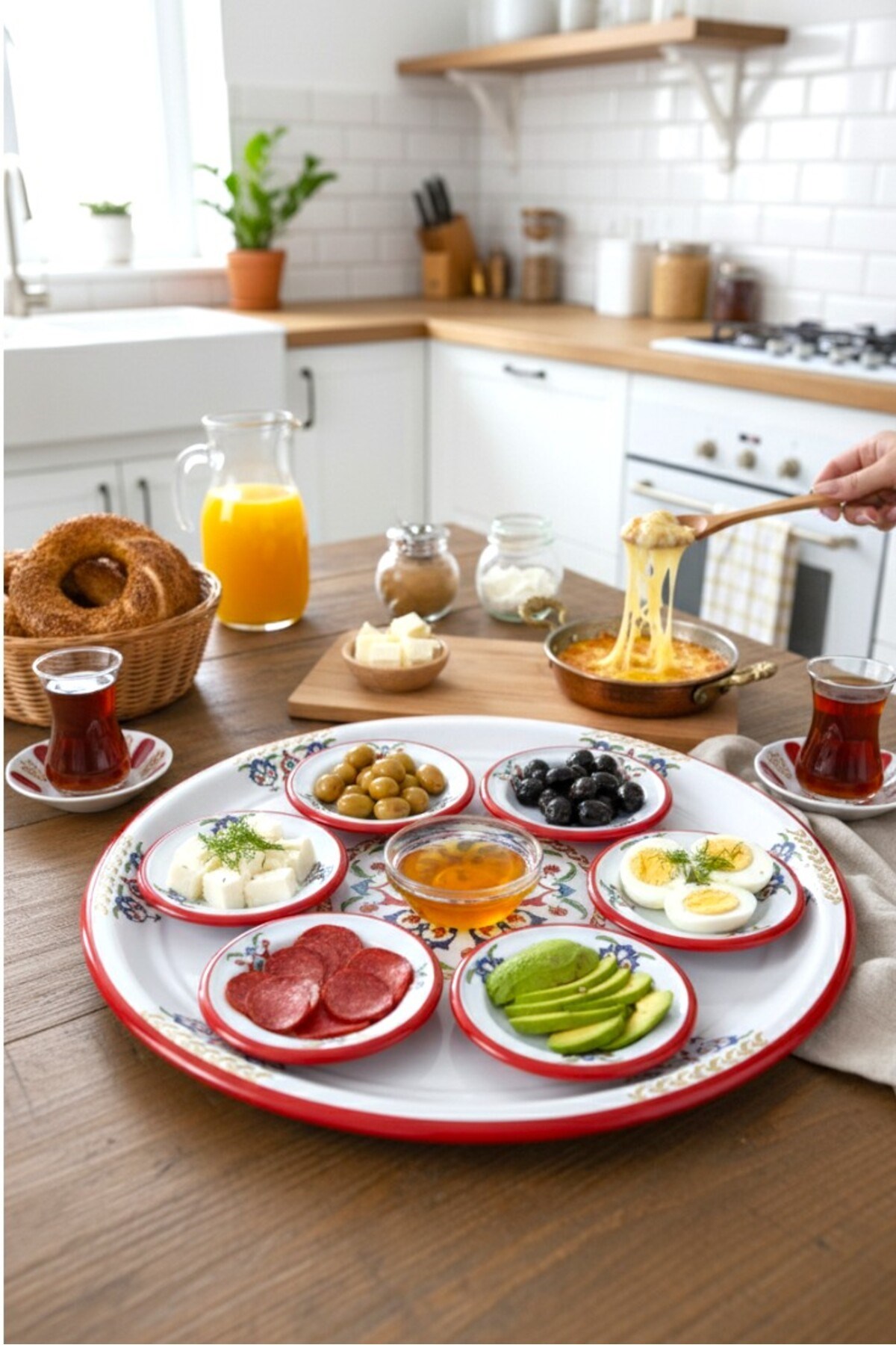 7 Parça Büyükboy çırağan Desenli Emaye Kahvaltı Seti, Sunum, Kahvaltı Tabağı, Reçellik, Çeyiz