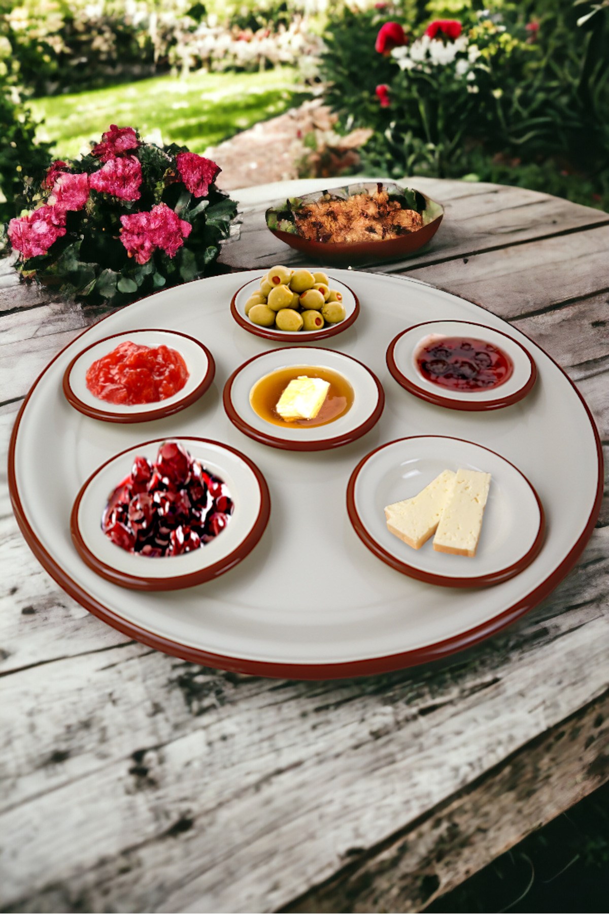 7 Parça Büyükboy Kahverengi Emaye Kahvaltı Seti, Sunum, Kahvaltı Tabağı, Reçellik, Çeyiz