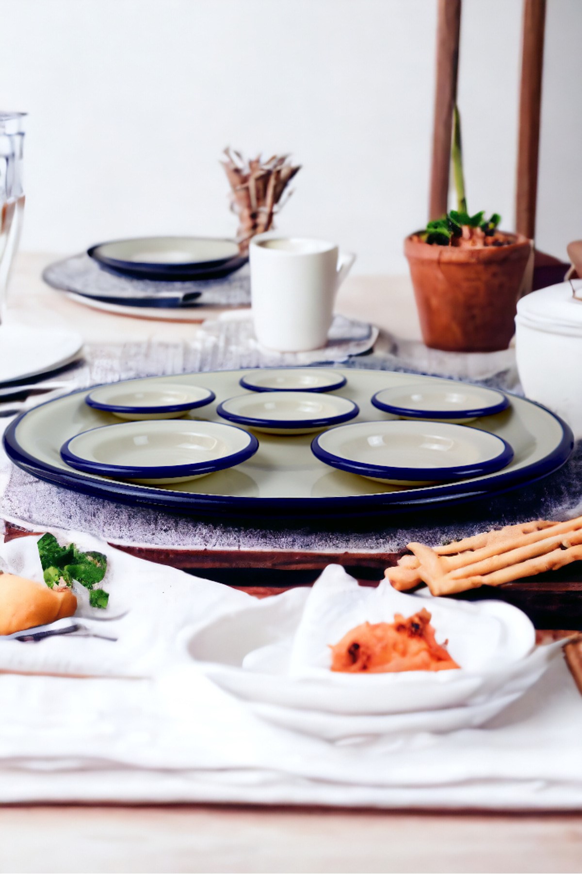 7 Parça Büyükboy Lacivert-Krem Emaye Kahvaltı Seti, Sunum, Kahvaltı Tabağı, Reçellik, Zeytin