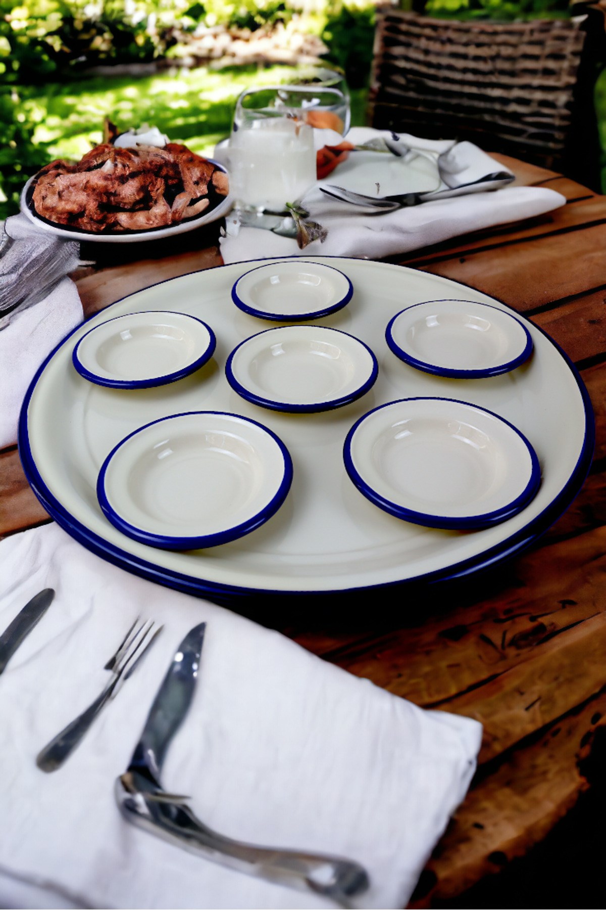 7 Parça Büyükboy Lacivert-Krem Emaye Kahvaltı Seti, Sunum, Kahvaltı Tabağı, Reçellik, Zeytin
