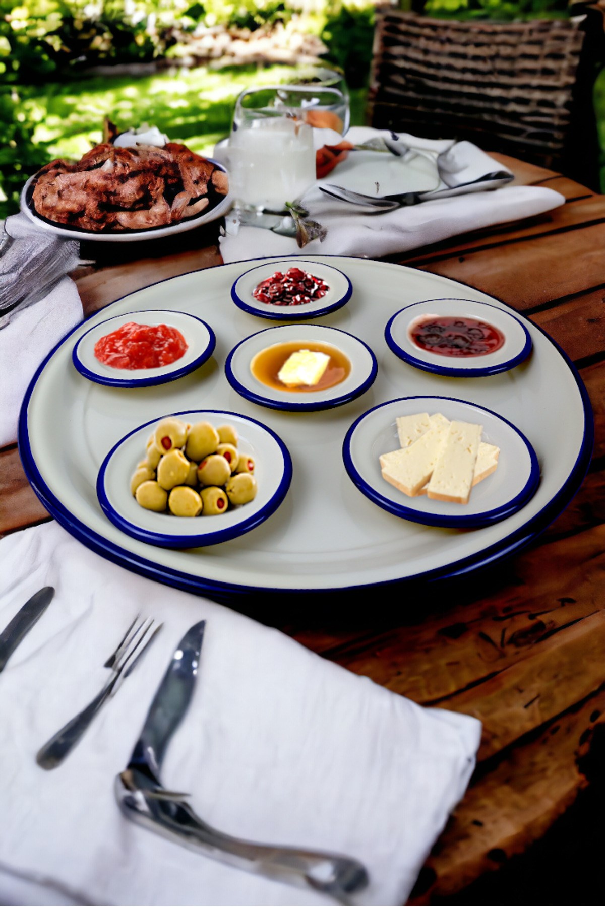 7 Parça Büyükboy Lacivert-Krem Emaye Kahvaltı Seti, Sunum, Kahvaltı Tabağı, Reçellik, Zeytin