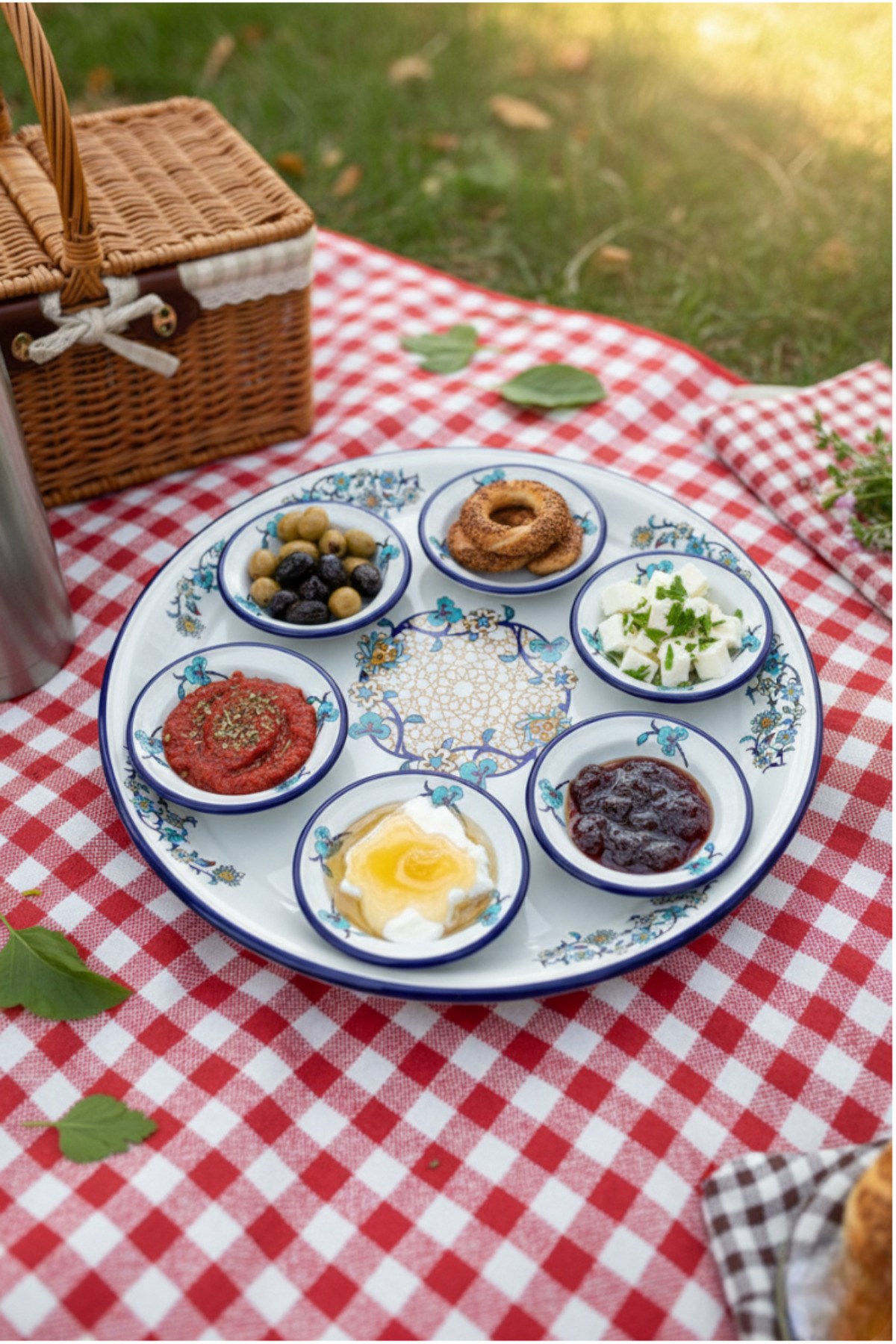 7 Parça Büyükboy menekşe Desenli Emaye Kahvaltı Seti, Sunum, Kahvaltı Tabağı, Reçellik, Çeyiz