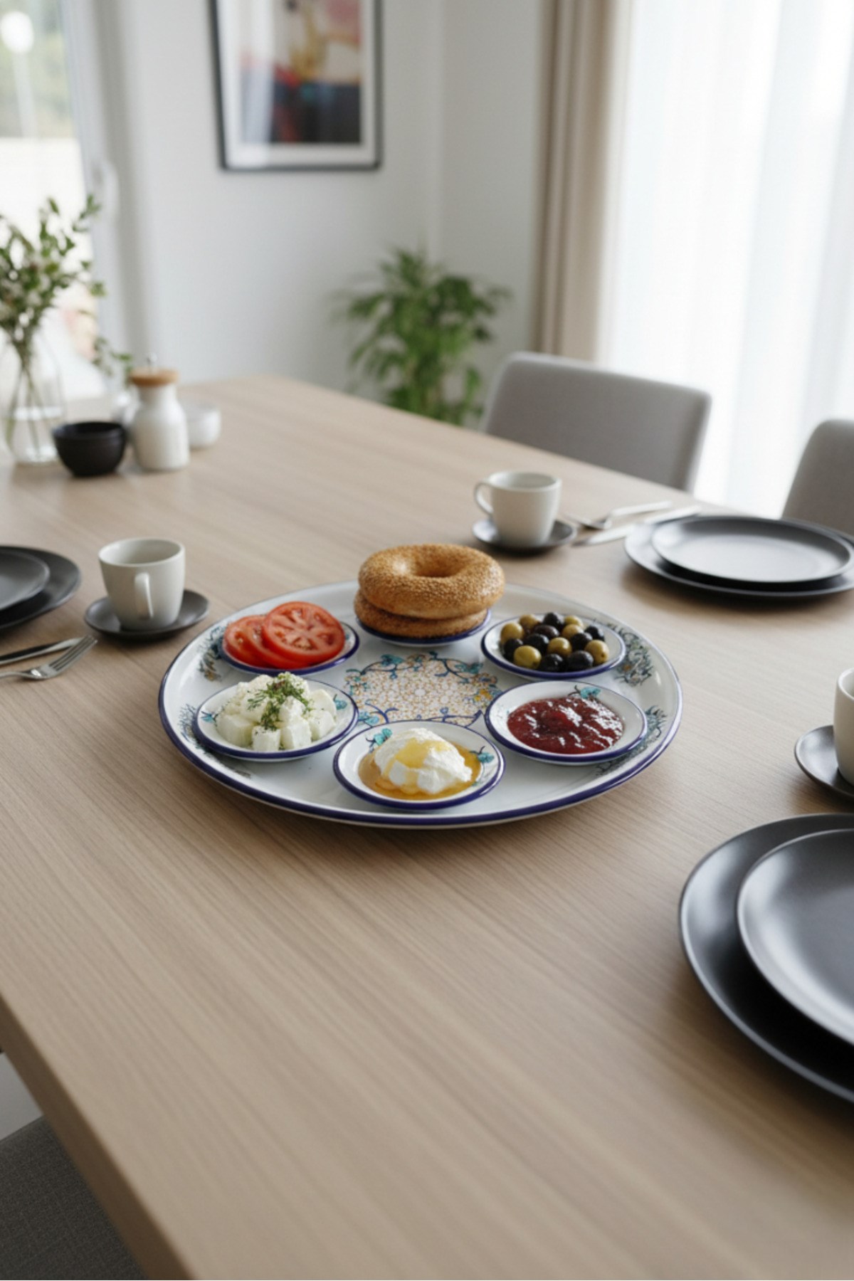 7 Parça Büyükboy menekşe Desenli Emaye Kahvaltı Seti, Sunum, Kahvaltı Tabağı, Reçellik, Çeyiz