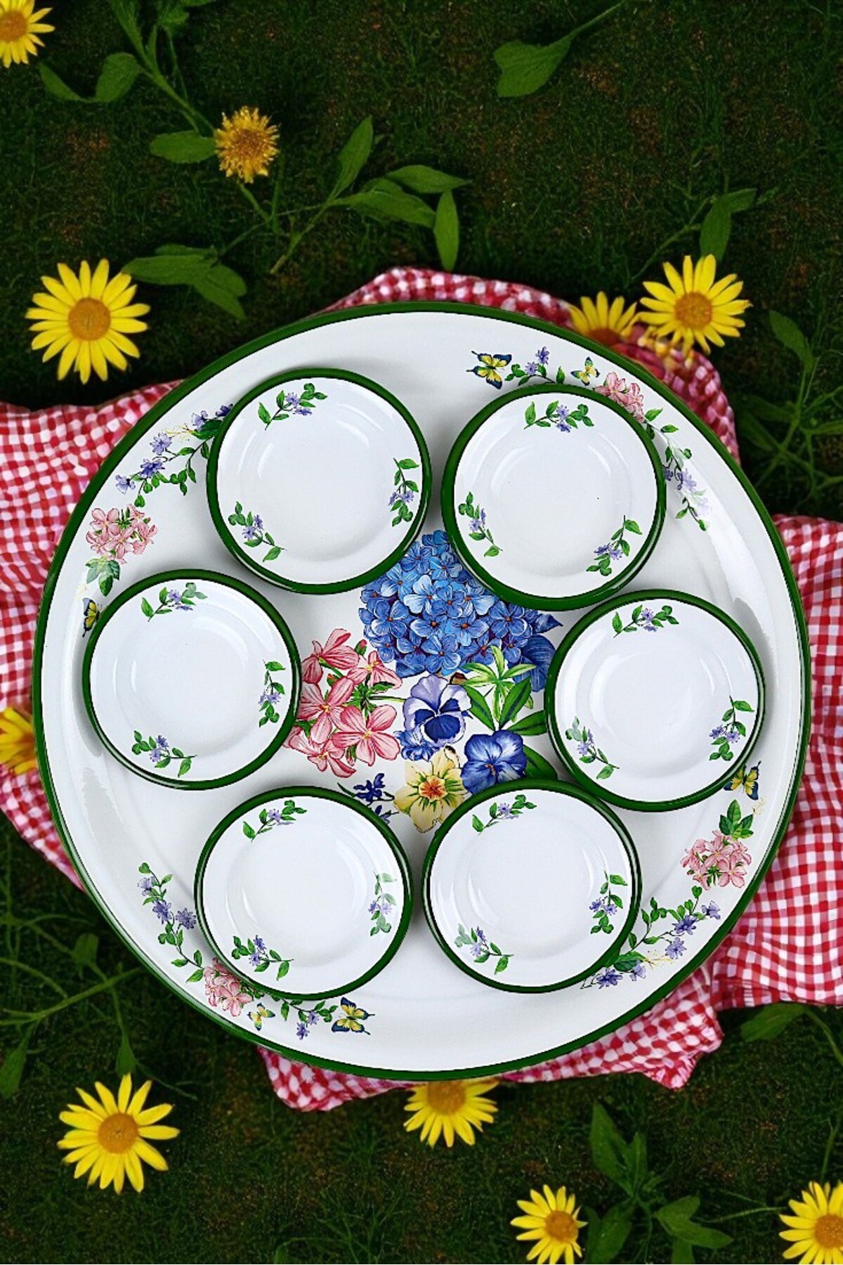 7 Parça Büyükboy Yasemin Desenli Emaye Kahvaltı Seti, Sunum, Kahvaltı Tabağı, Reçellik, Çeyiz