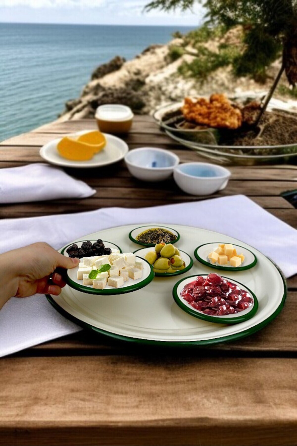 7 Parça Büyükboy Yeşil-Krem Emaye Kahvaltı Seti, Sunum, Kahvaltı Tabağı, Reçellik, Çeyiz