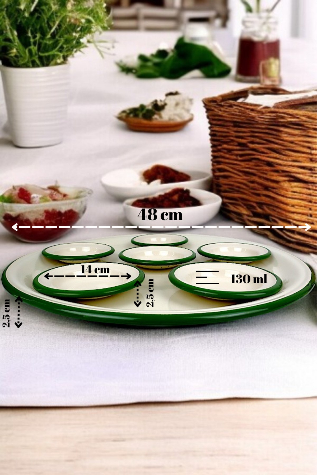 7 Parça Büyükboy Yeşil-Krem Emaye Kahvaltı Seti, Sunum, Kahvaltı Tabağı, Reçellik, Çeyiz