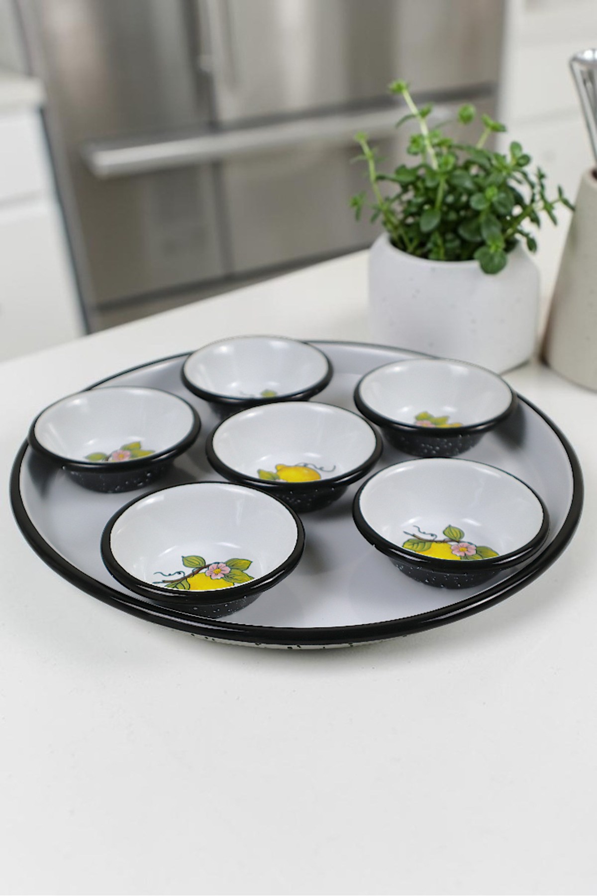 7 Parça Emaye Kahvaltı Seti, Sunum, Kahvaltı Tabağı, Reçellik, Zeytin, Peynir Tabağı, Çeyiz, Hediye