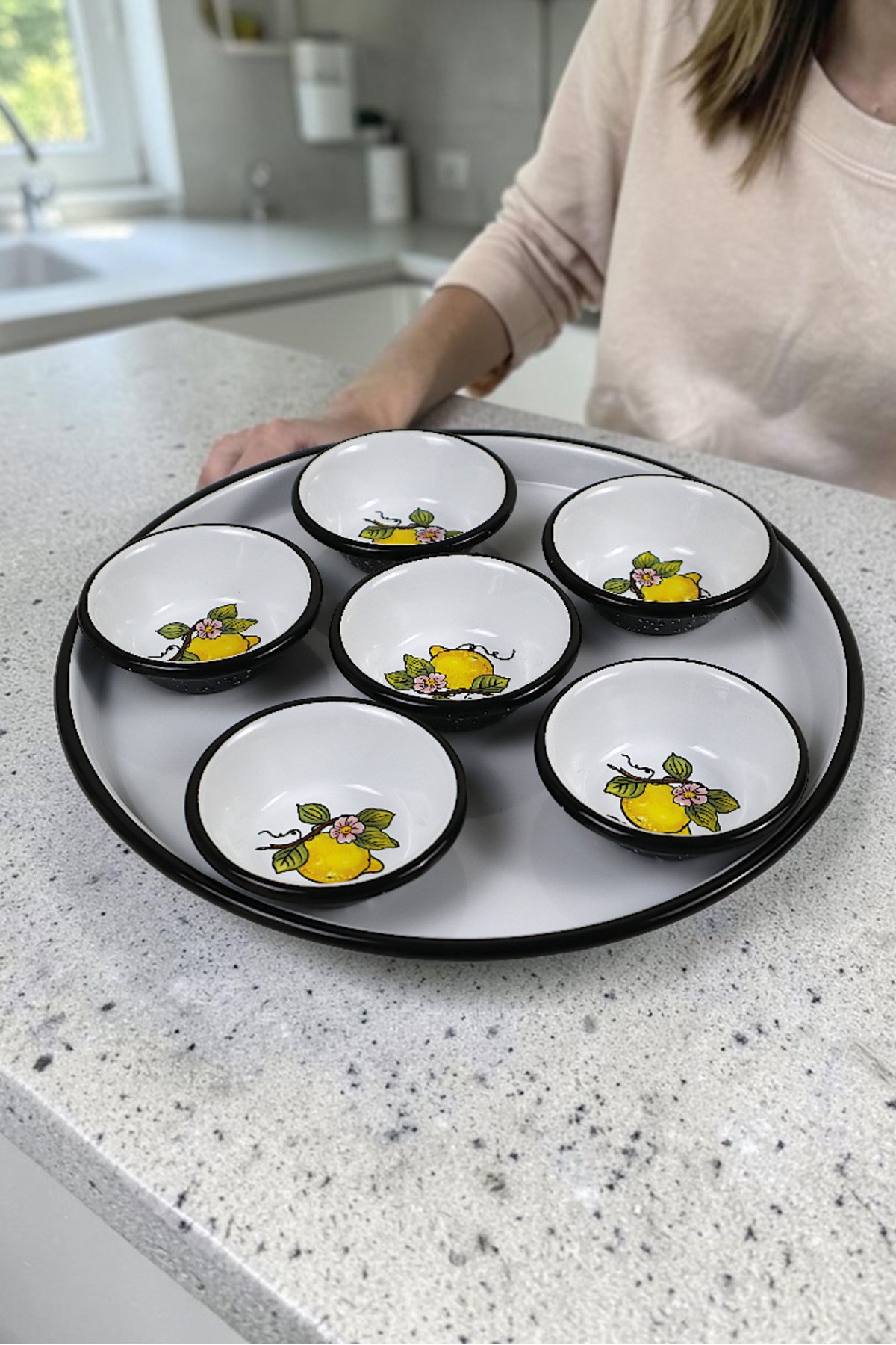7 Parça Emaye Kahvaltı Seti, Sunum, Kahvaltı Tabağı, Reçellik, Zeytin, Peynir Tabağı, Çeyiz, Hediye