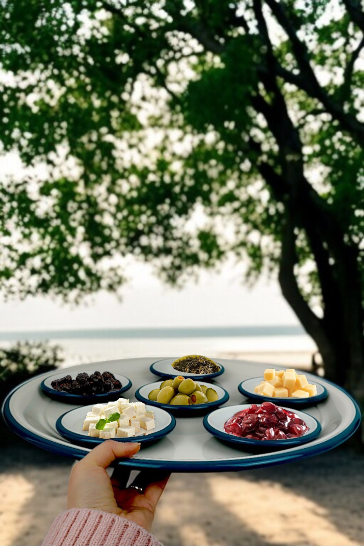 7 Parça Krem Büyükboy Turkuaz-Krem Emaye Kahvaltı Seti, Sunum, Kahvaltı Tabağı, Reçellik, Çeyiz