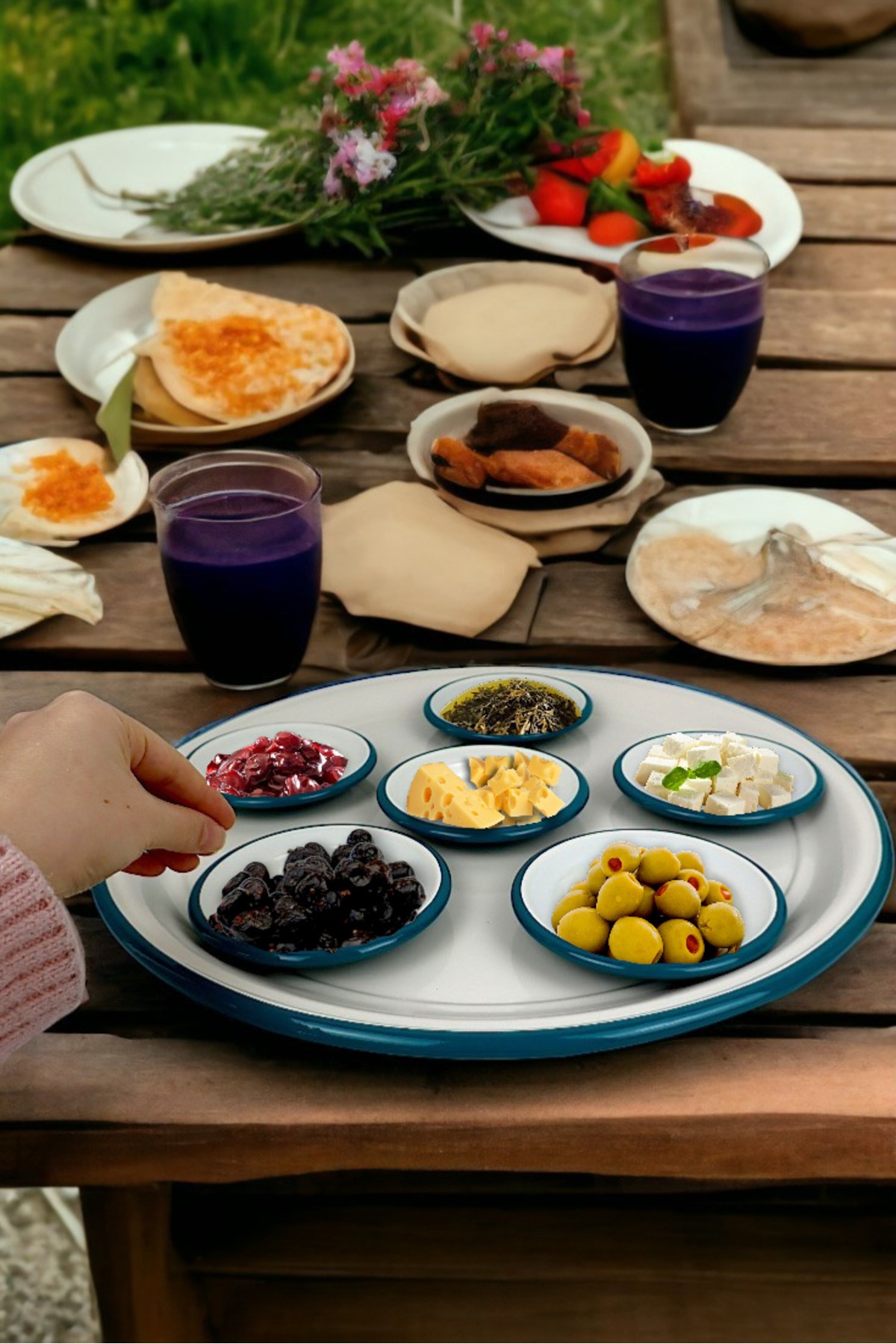 7 Parça Krem Büyükboy Turkuaz-Krem Emaye Kahvaltı Seti, Sunum, Kahvaltı Tabağı, Reçellik, Çeyiz