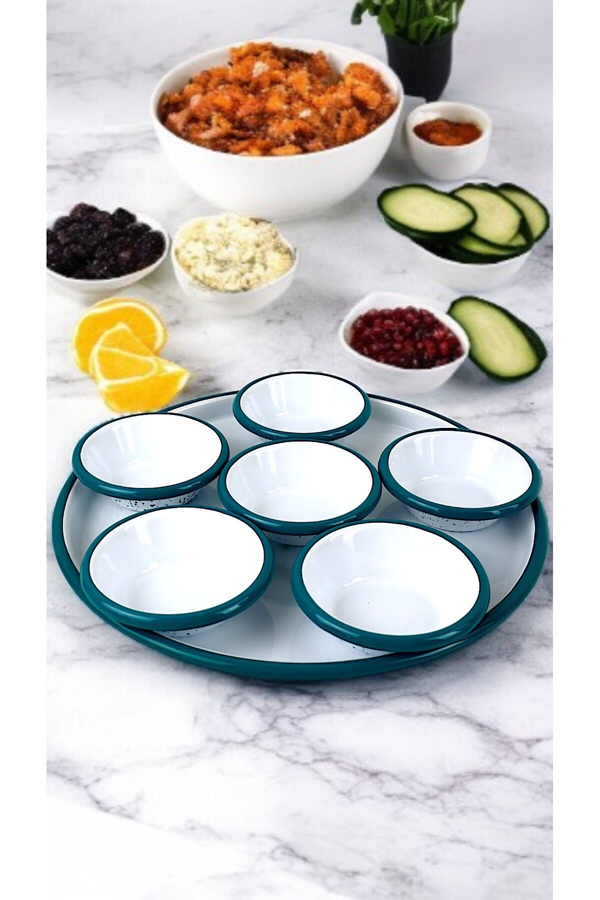 7 Parça Küçükboy Emaye Kahvaltı Seti, Sunum, Kahvaltı Tabağı, Reçellik, Zeytin, Peynir Tabağı, Çeyiz
