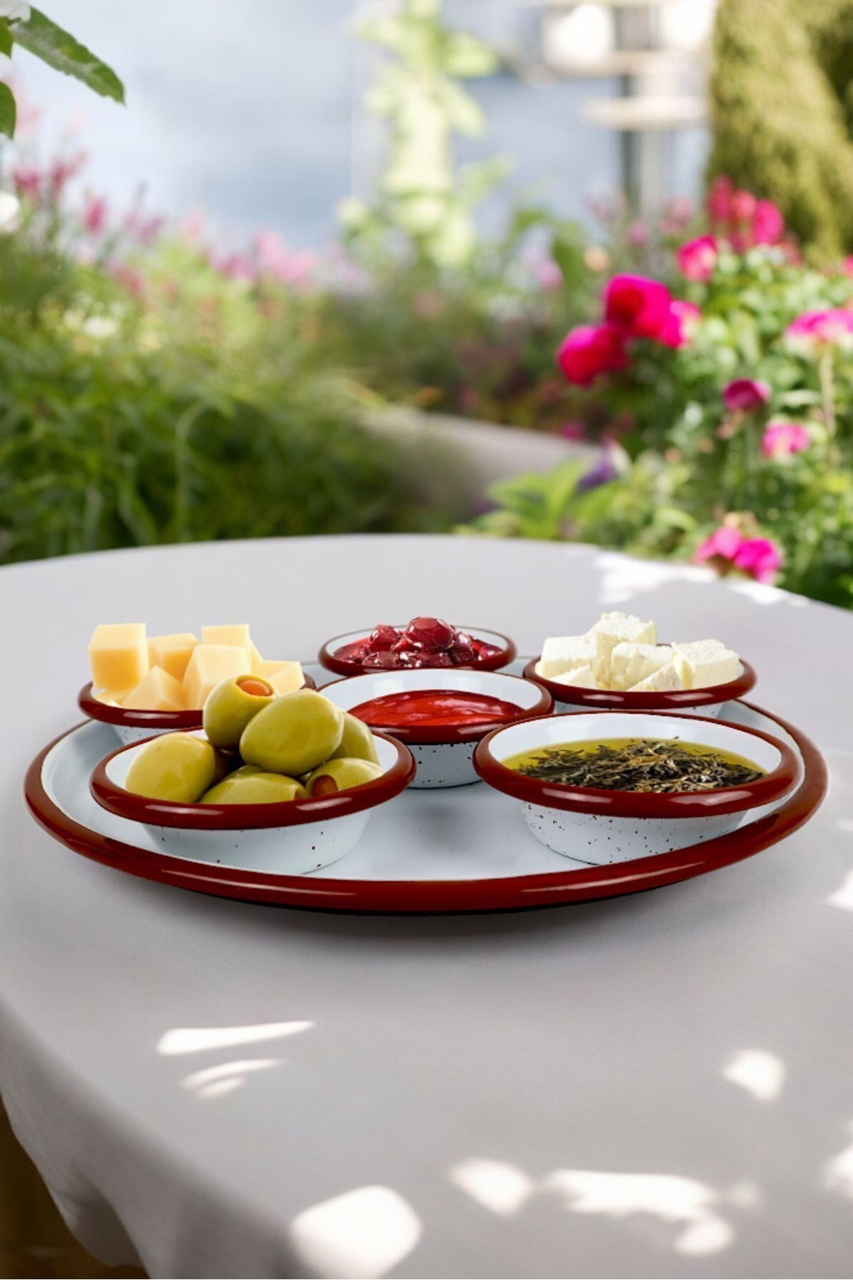 7 Parça Küçükboy Emaye Kahvaltı Seti, Sunum, Kahvaltı Tabağı, Reçellik, Zeytin, Peynir Tabağı, Çeyiz