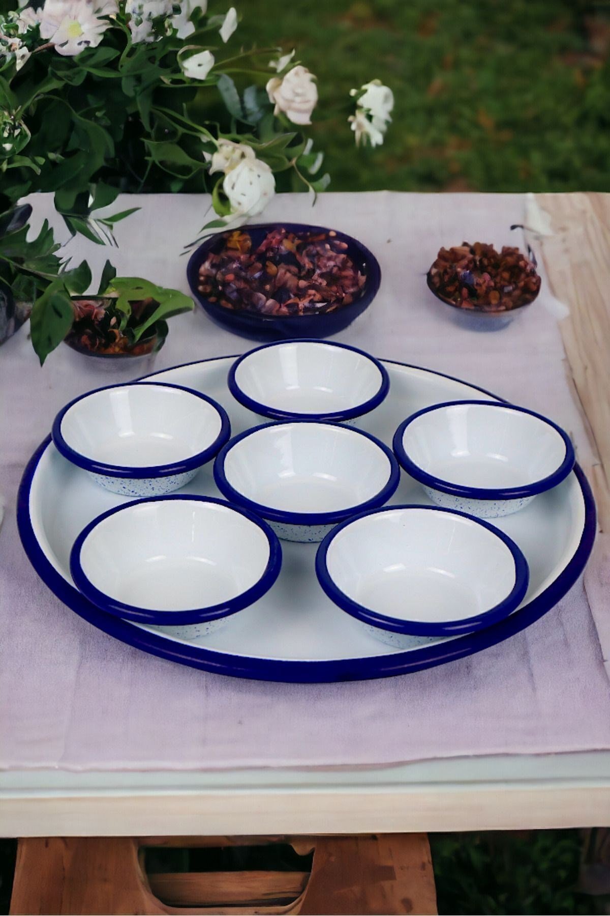7 Parça Küçükboy Emaye Kahvaltı Seti, Sunum, Kahvaltı Tabağı, Reçellik, Zeytin, Peynir Tabağı, Çeyiz
