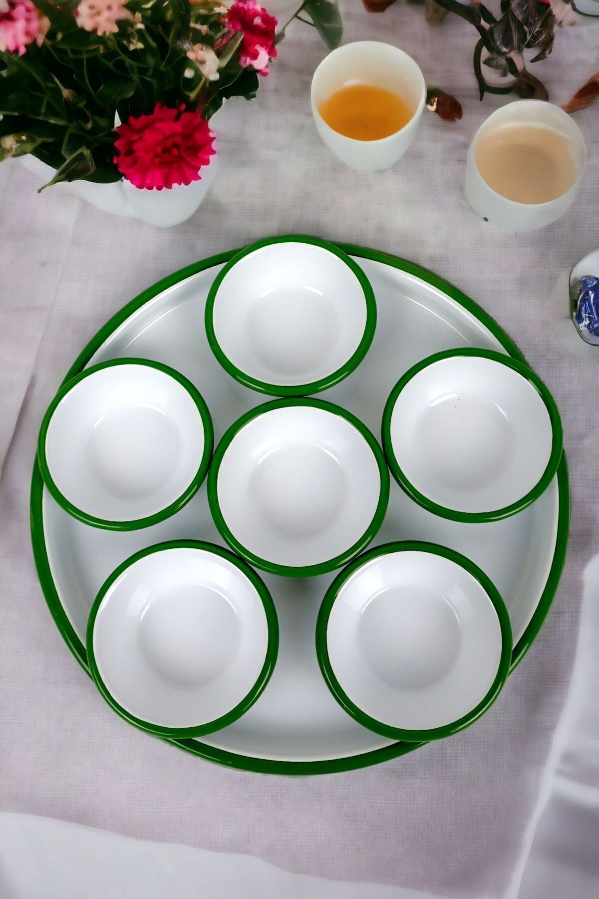 7 Parça Küçükboy Emaye Kahvaltı Seti, Sunum, Kahvaltı Tabağı, Reçellik, Zeytin, Peynir Tabağı, Çeyiz