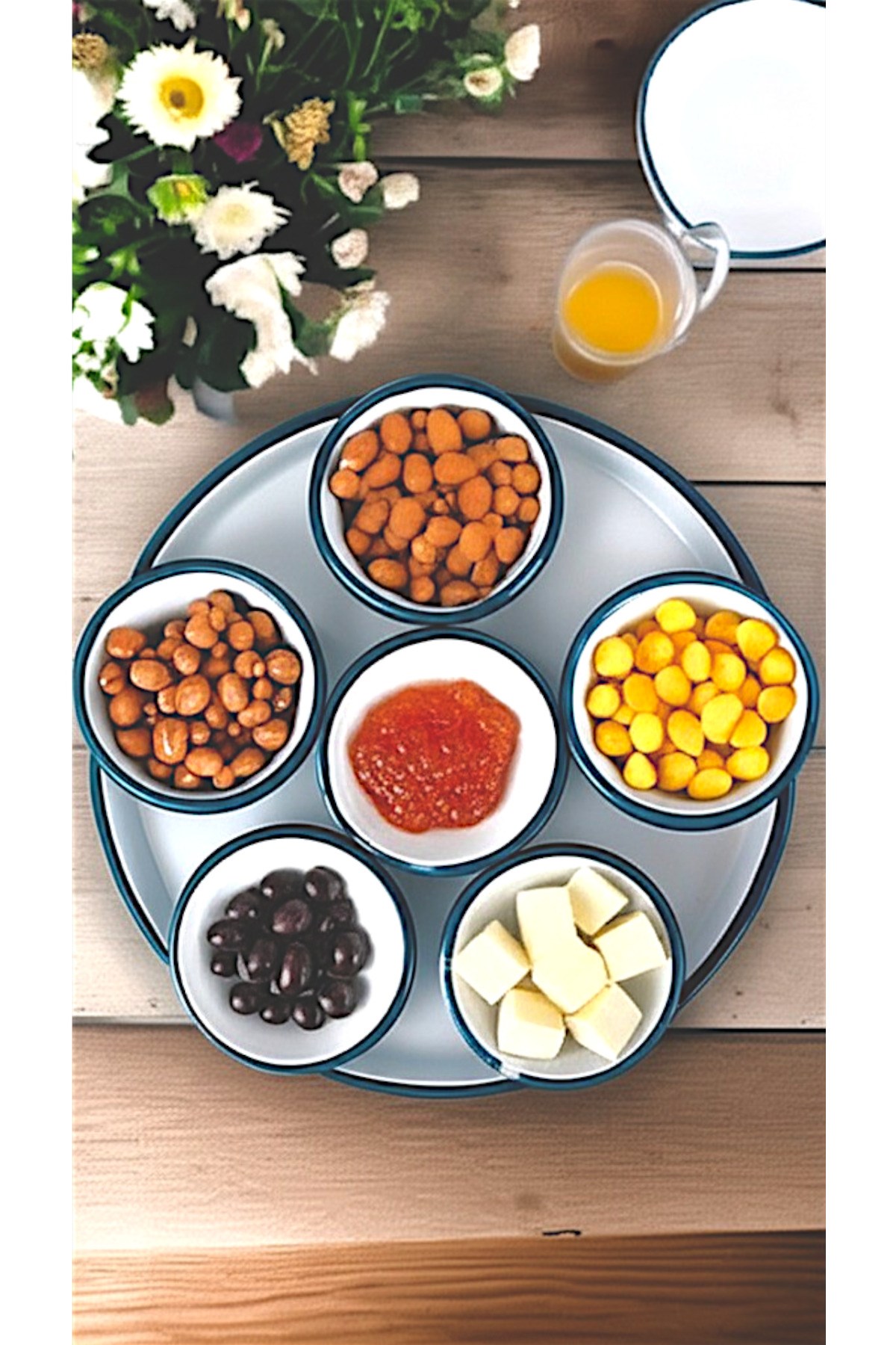 7 Parça Küçükboy Emaye Kahvaltı Seti, Sunum, Kahvaltı Tabağı, Reçellik, Zeytin, Peynir Tabağı, Çeyiz