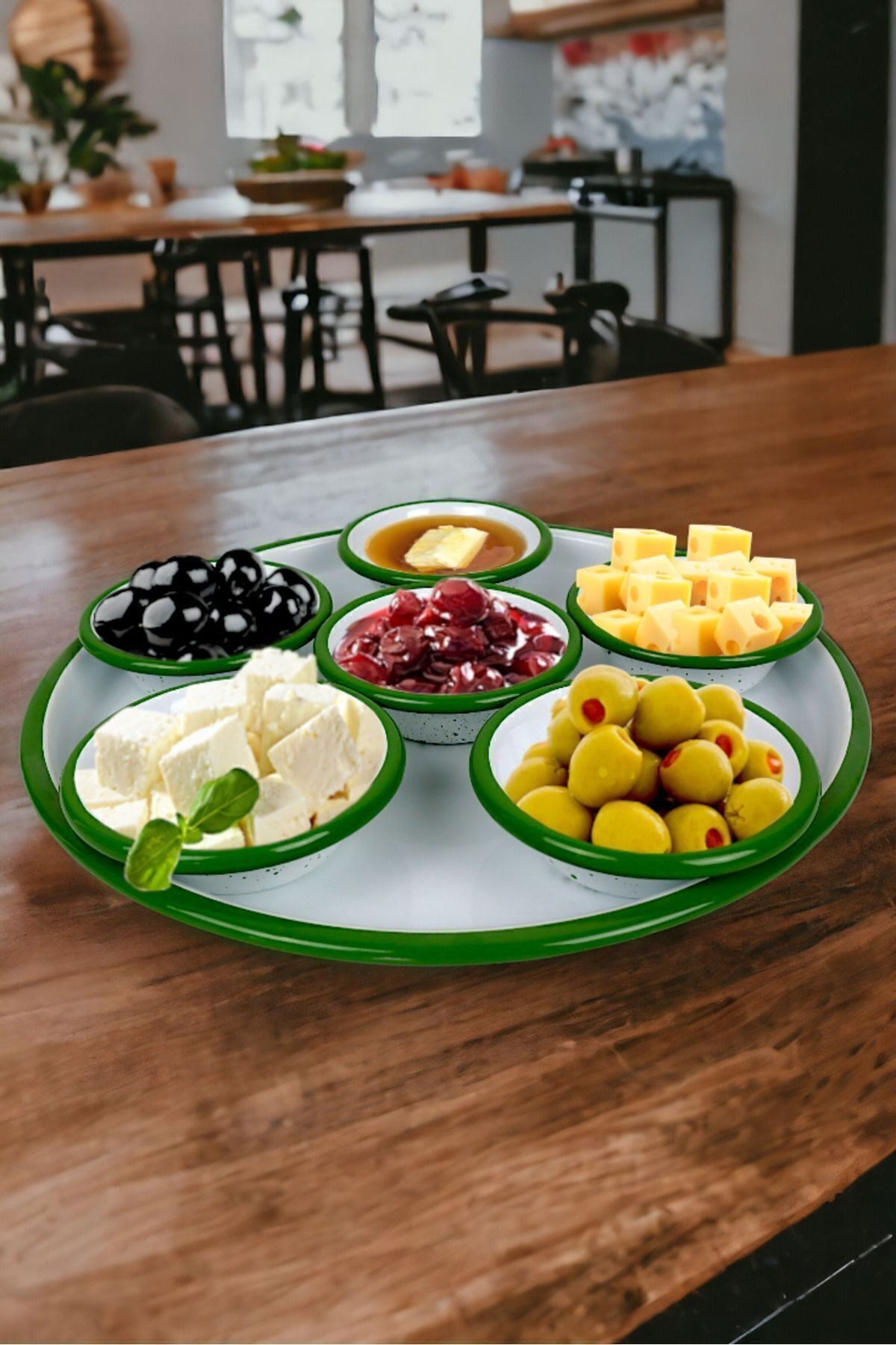 7 Parça Küçükboy Emaye Kahvaltı Seti, Sunum, Kahvaltı Tabağı, Reçellik, Zeytin, Peynir Tabağı, Çeyiz
