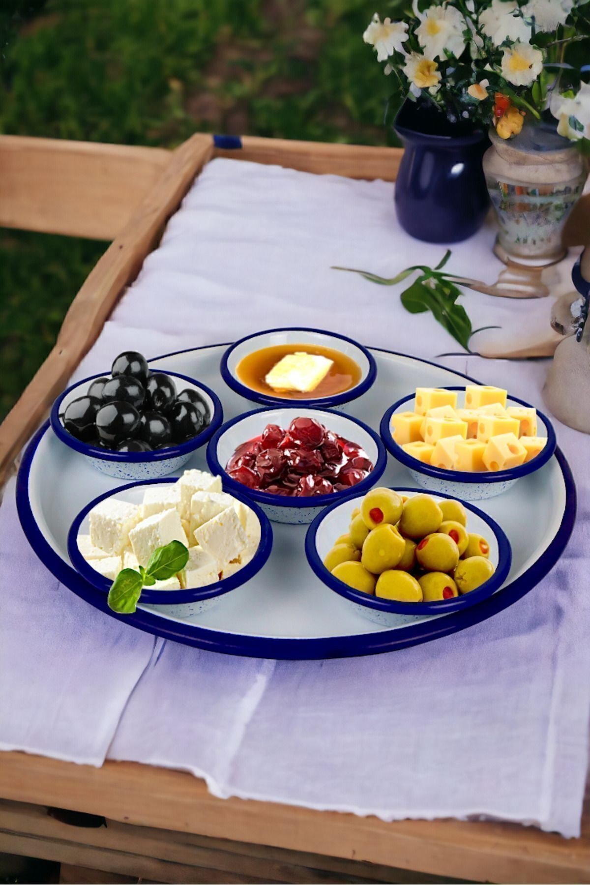 7 Parça Küçükboy Emaye Kahvaltı Seti, Sunum, Kahvaltı Tabağı, Reçellik, Zeytin, Peynir Tabağı, Çeyiz