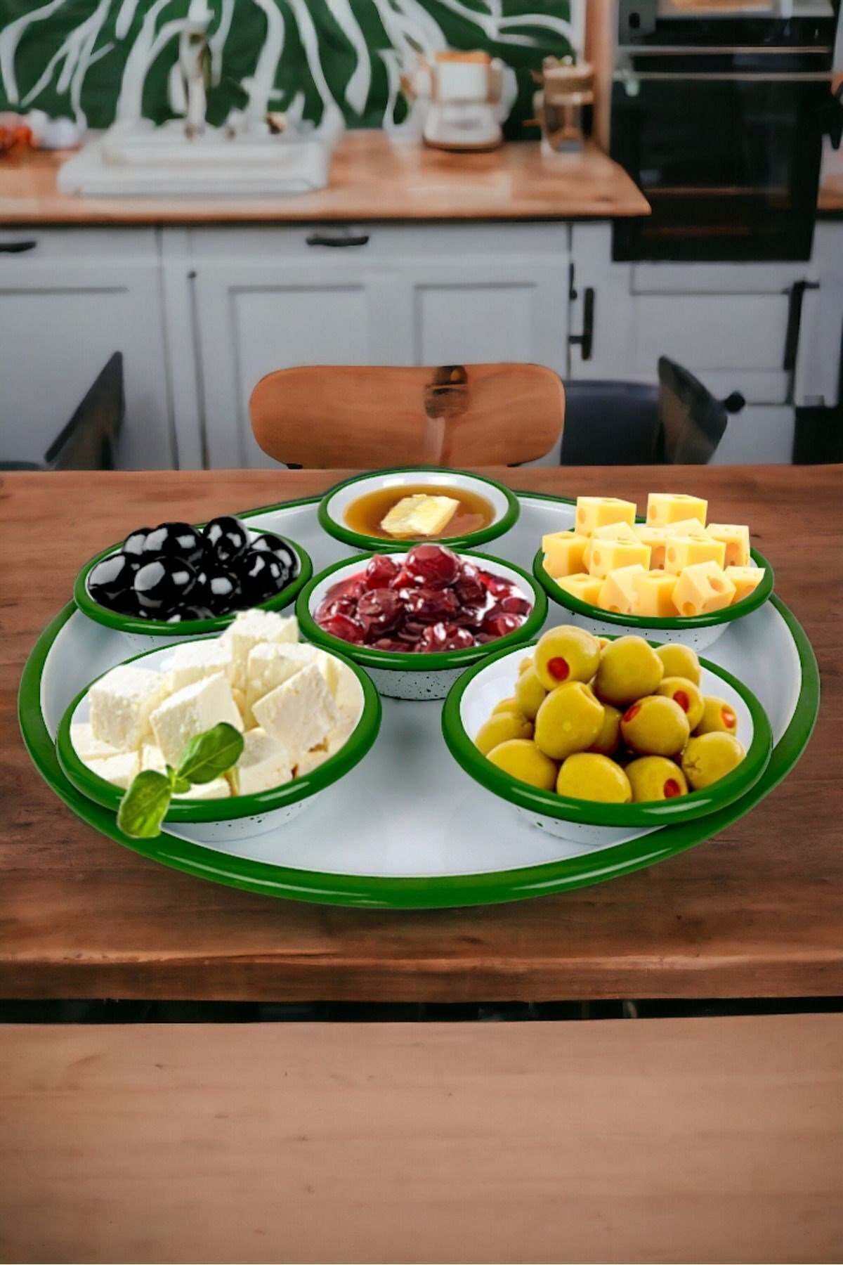 7 Parça Küçükboy Emaye Kahvaltı Seti, Sunum, Kahvaltı Tabağı, Reçellik, Zeytin, Peynir Tabağı, Çeyiz