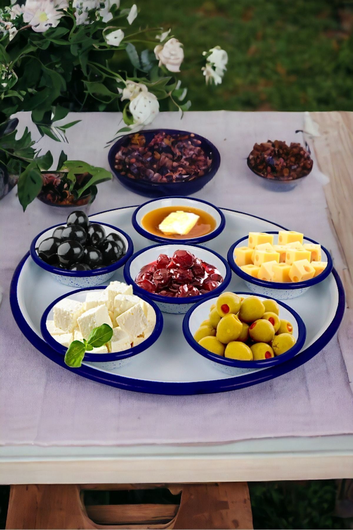 7 Parça Küçükboy Emaye Kahvaltı Seti, Sunum, Kahvaltı Tabağı, Reçellik, Zeytin, Peynir Tabağı, Çeyiz