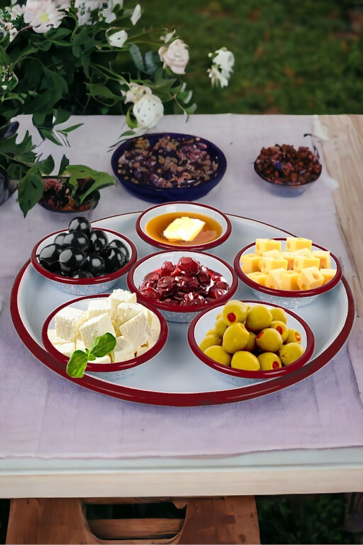 7 Parça Küçükboy Emaye Kahvaltı Seti, Sunum, Kahvaltı Tabağı, Reçellik, Zeytin, Peynir Tabağı, Çeyiz