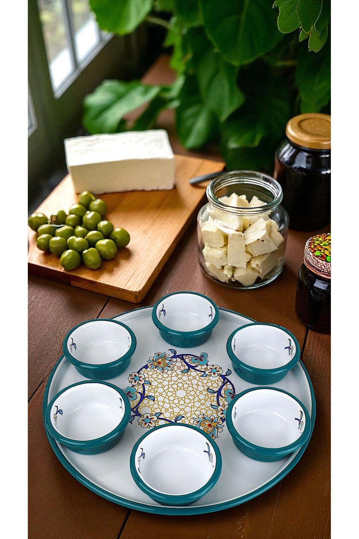 7 Parça Orta Boy Desenli Emaye Kahvaltı Seti,Sunum,Kahvaltı Tabağı, Reçellik,Zeytin, Peynir Tabağı