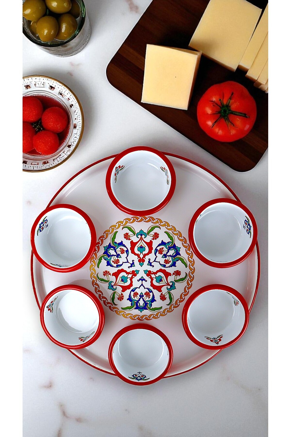 7 Parça Orta Boy Desenli Emaye Kahvaltı Seti,Sunum,Kahvaltı Tabağı, Reçellik,Zeytin, Peynir Tabağı