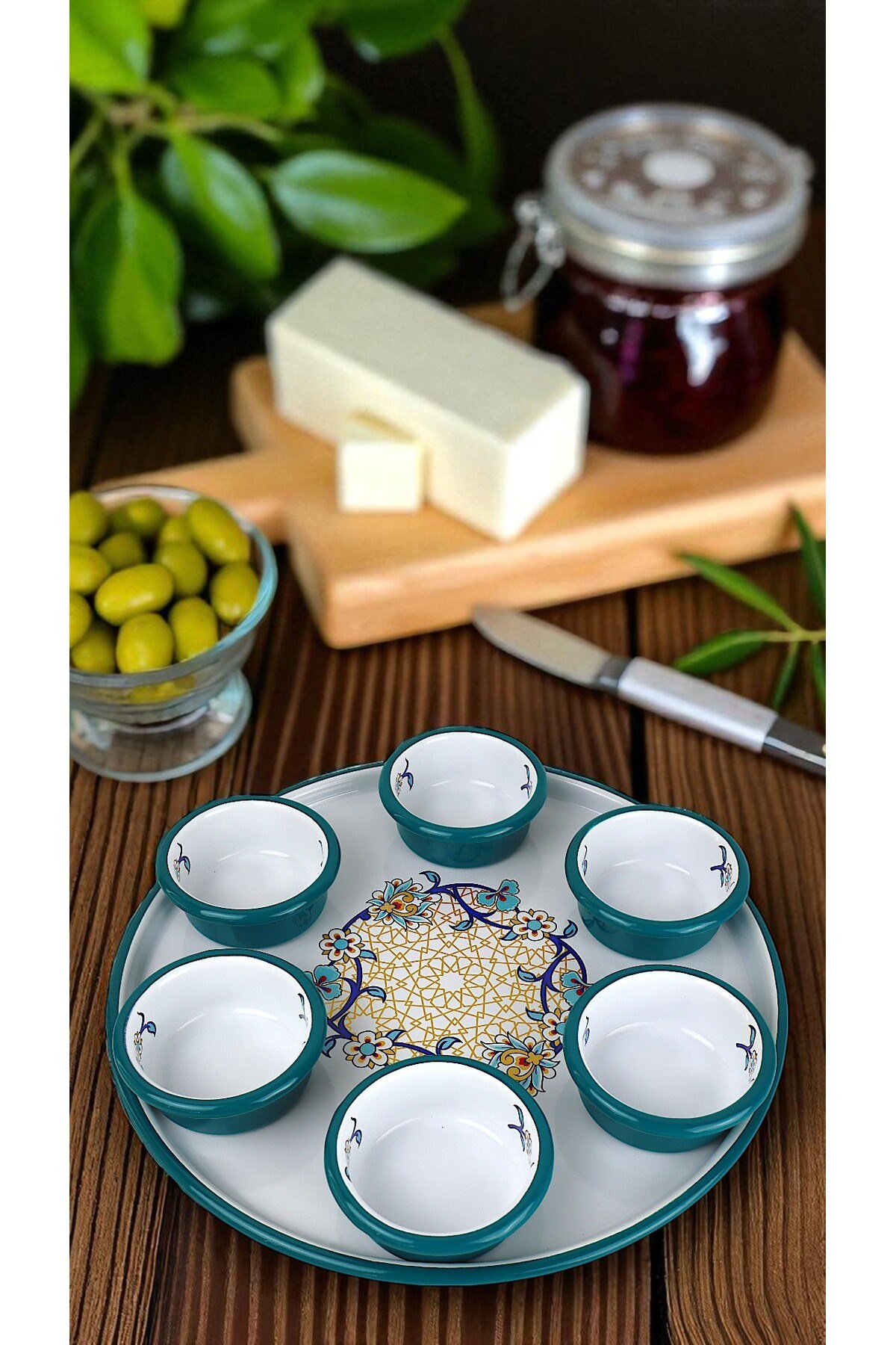 7 Parça Orta Boy Desenli Emaye Kahvaltı Seti,Sunum,Kahvaltı Tabağı, Reçellik,Zeytin, Peynir Tabağı
