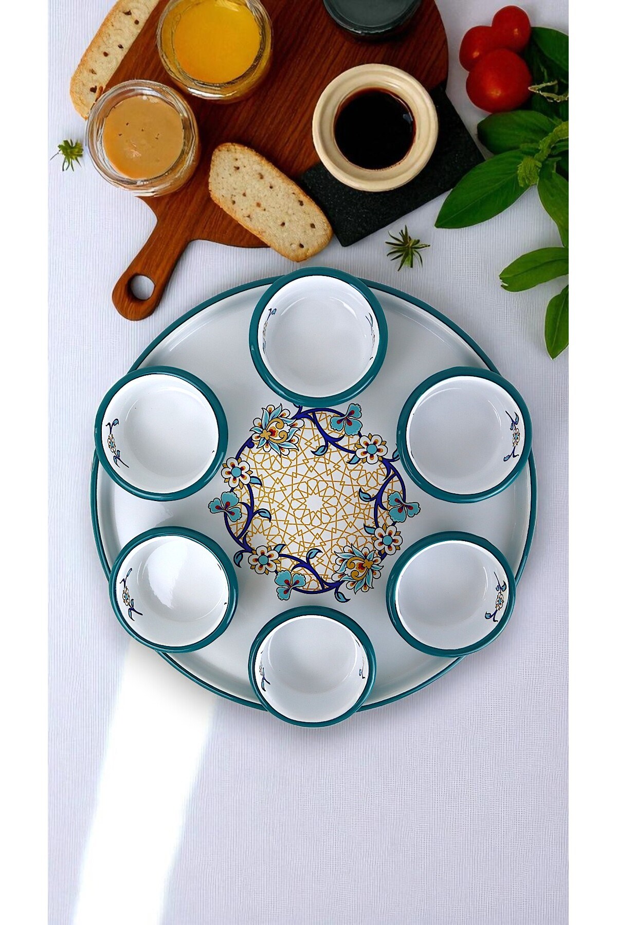 7 Parça Orta Boy Desenli Emaye Kahvaltı Seti,Sunum,Kahvaltı Tabağı, Reçellik,Zeytin, Peynir Tabağı