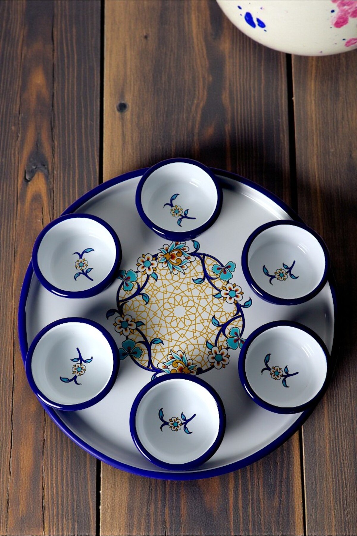7 Parça Orta Boy Desenli Emaye Kahvaltı Seti,Sunum,Kahvaltı Tabağı, Reçellik,Zeytin, Peynir Tabağı