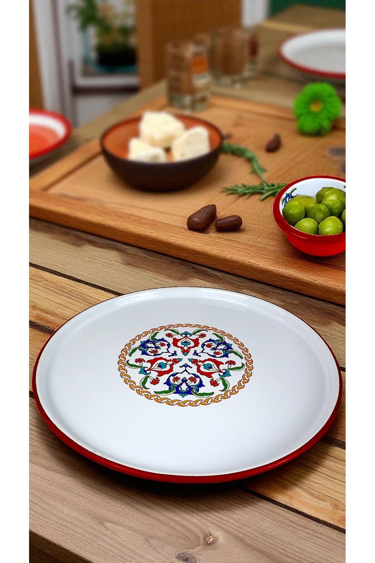 7 Parça Orta Boy Desenli Emaye Kahvaltı Seti,Sunum,Kahvaltı Tabağı, Reçellik,Zeytin, Peynir Tabağı