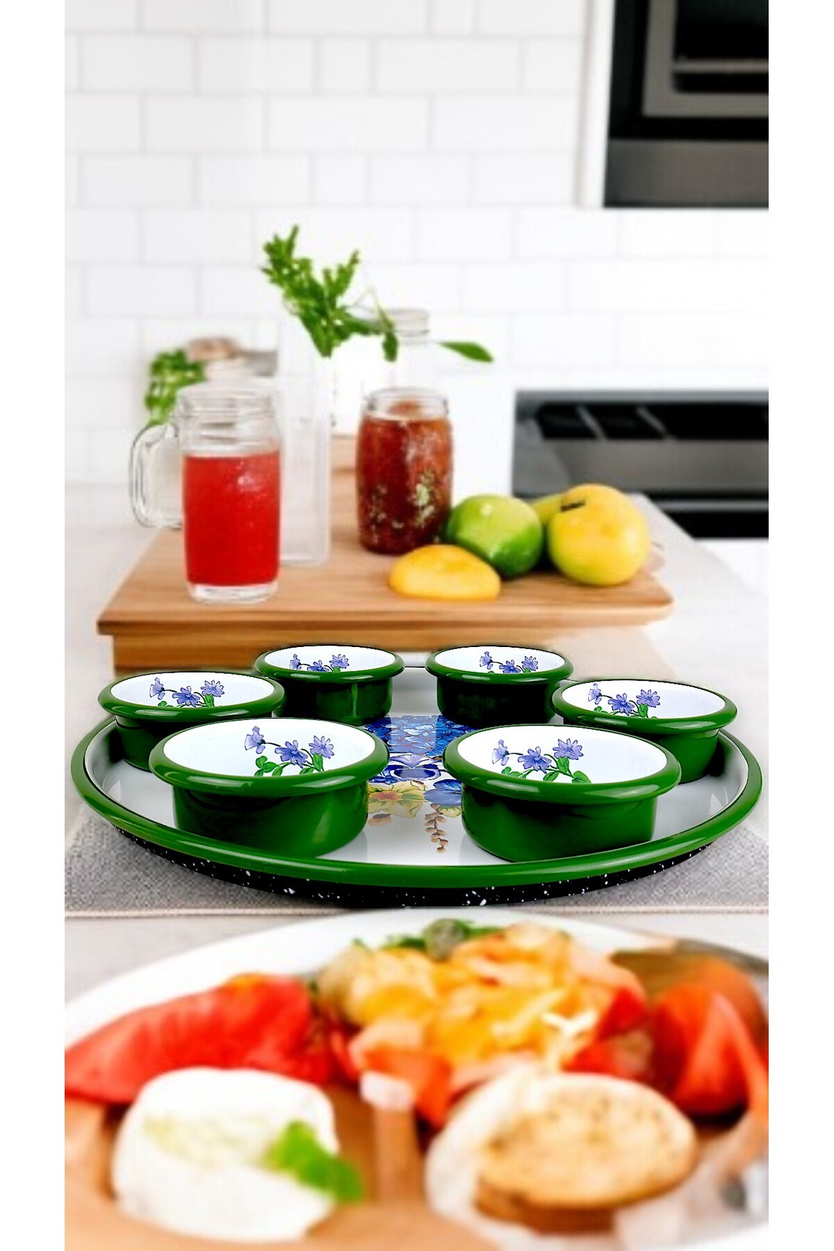 7 Parça Orta Boy Desenli Emaye Kahvaltı Seti,Sunum,Kahvaltı Tabağı, Reçellik,Zeytin, Peynir Tabağı