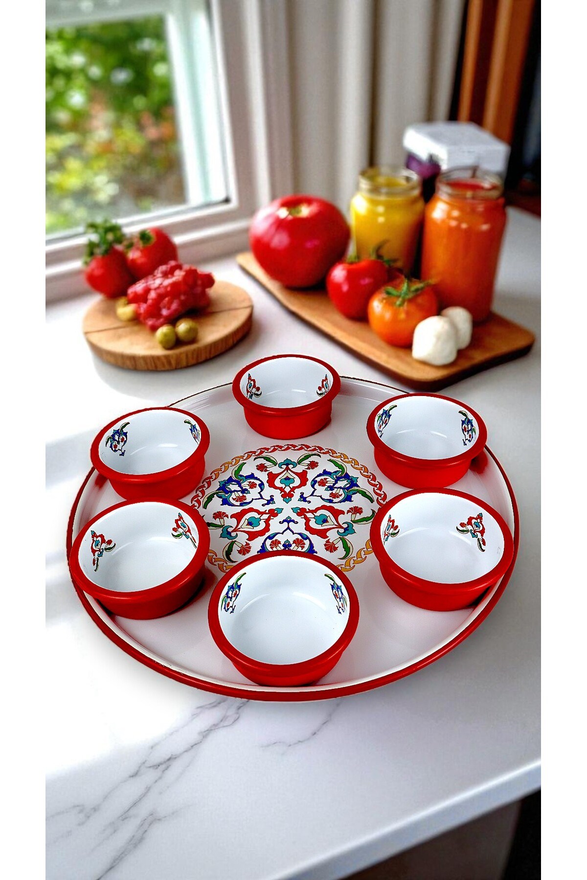7 Parça Orta Boy Desenli Emaye Kahvaltı Seti,Sunum,Kahvaltı Tabağı, Reçellik,Zeytin, Peynir Tabağı