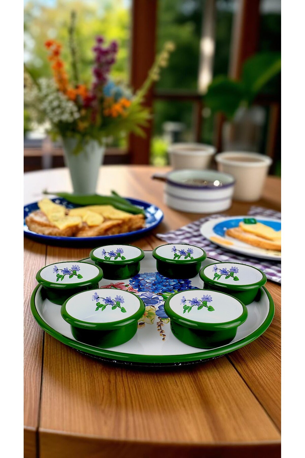 7 Parça Orta Boy Desenli Emaye Kahvaltı Seti,Sunum,Kahvaltı Tabağı, Reçellik,Zeytin, Peynir Tabağı