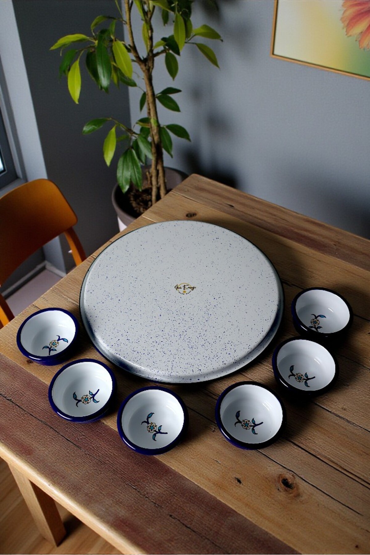 7 Parça Orta Boy Desenli Emaye Kahvaltı Seti,Sunum,Kahvaltı Tabağı, Reçellik,Zeytin, Peynir Tabağı