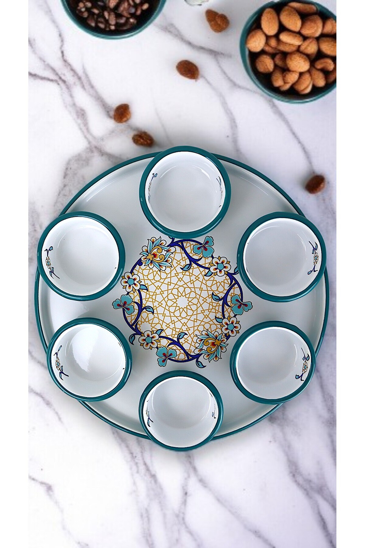 7 Parça Orta Boy Desenli Emaye Kahvaltı Seti,Sunum,Kahvaltı Tabağı, Reçellik,Zeytin, Peynir Tabağı
