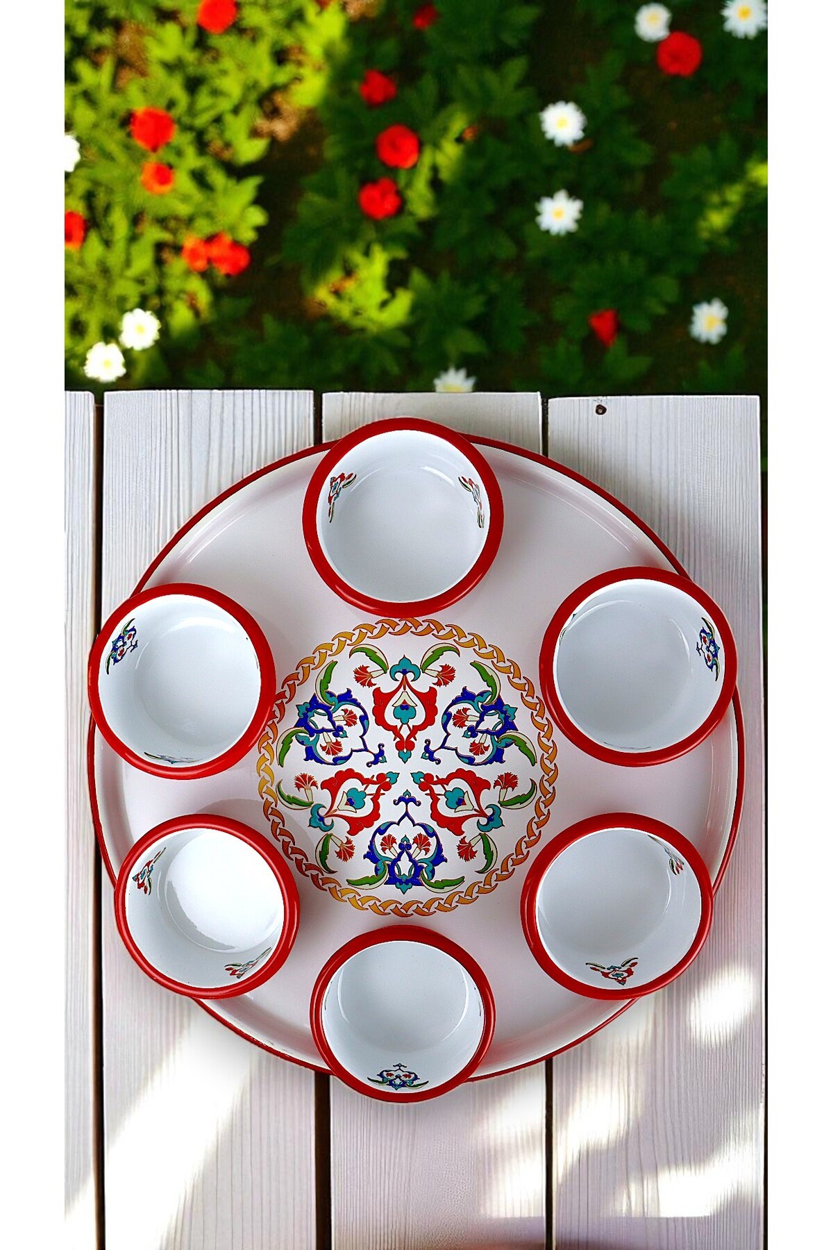 7 Parça Orta Boy Desenli Emaye Kahvaltı Seti,Sunum,Kahvaltı Tabağı, Reçellik,Zeytin, Peynir Tabağı