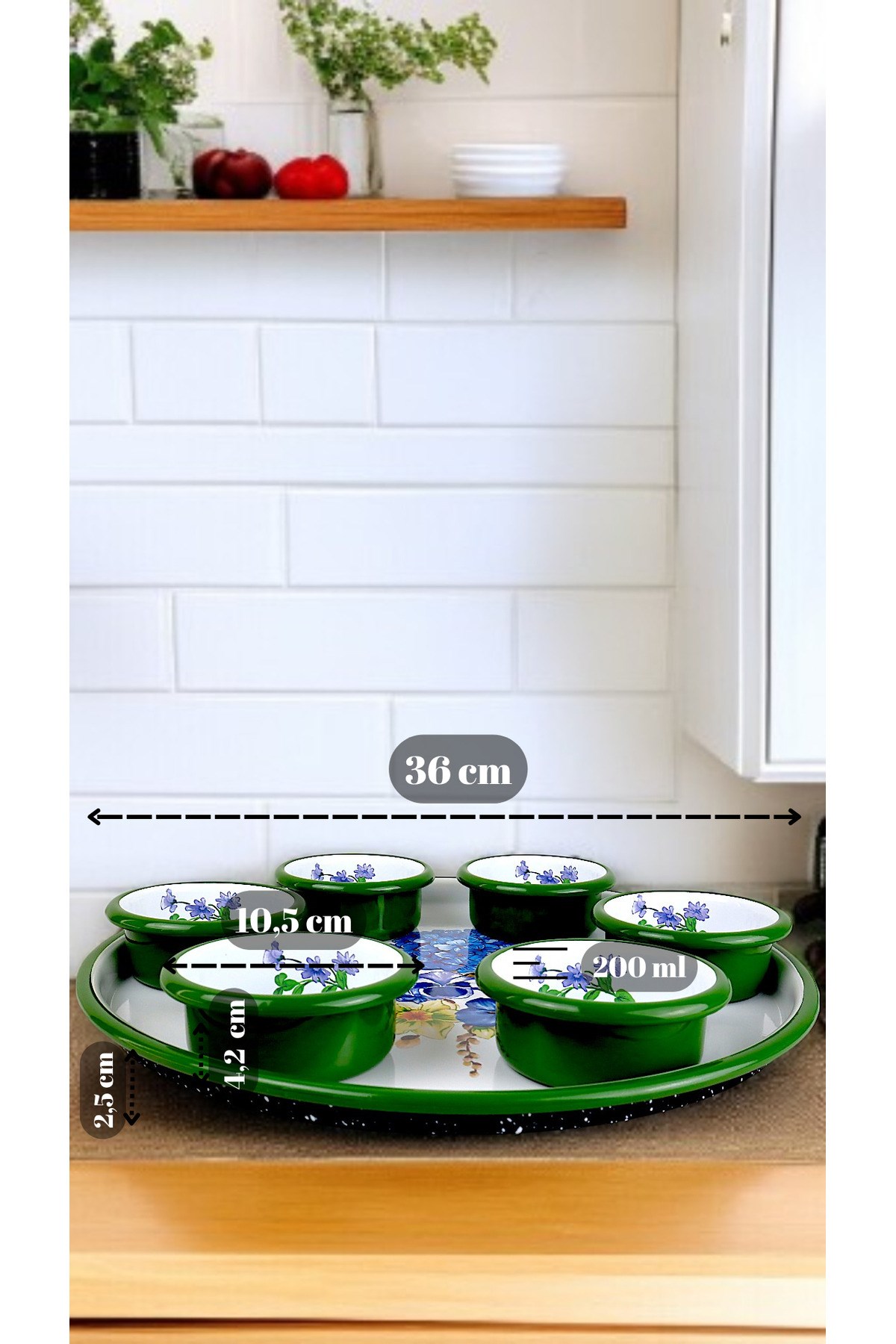7 Parça Orta Boy Desenli Emaye Kahvaltı Seti,Sunum,Kahvaltı Tabağı, Reçellik,Zeytin, Peynir Tabağı