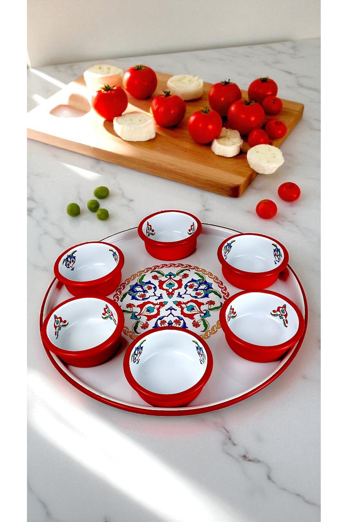 7 Parça Orta Boy Desenli Emaye Kahvaltı Seti,Sunum,Kahvaltı Tabağı, Reçellik,Zeytin, Peynir Tabağı