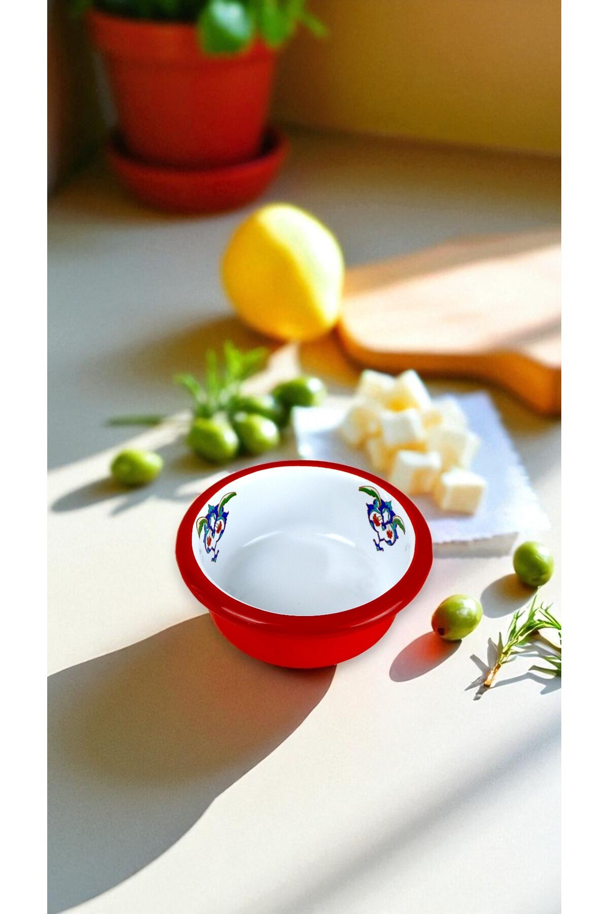 7 Parça Orta Boy Desenli Emaye Kahvaltı Seti,Sunum,Kahvaltı Tabağı, Reçellik,Zeytin, Peynir Tabağı