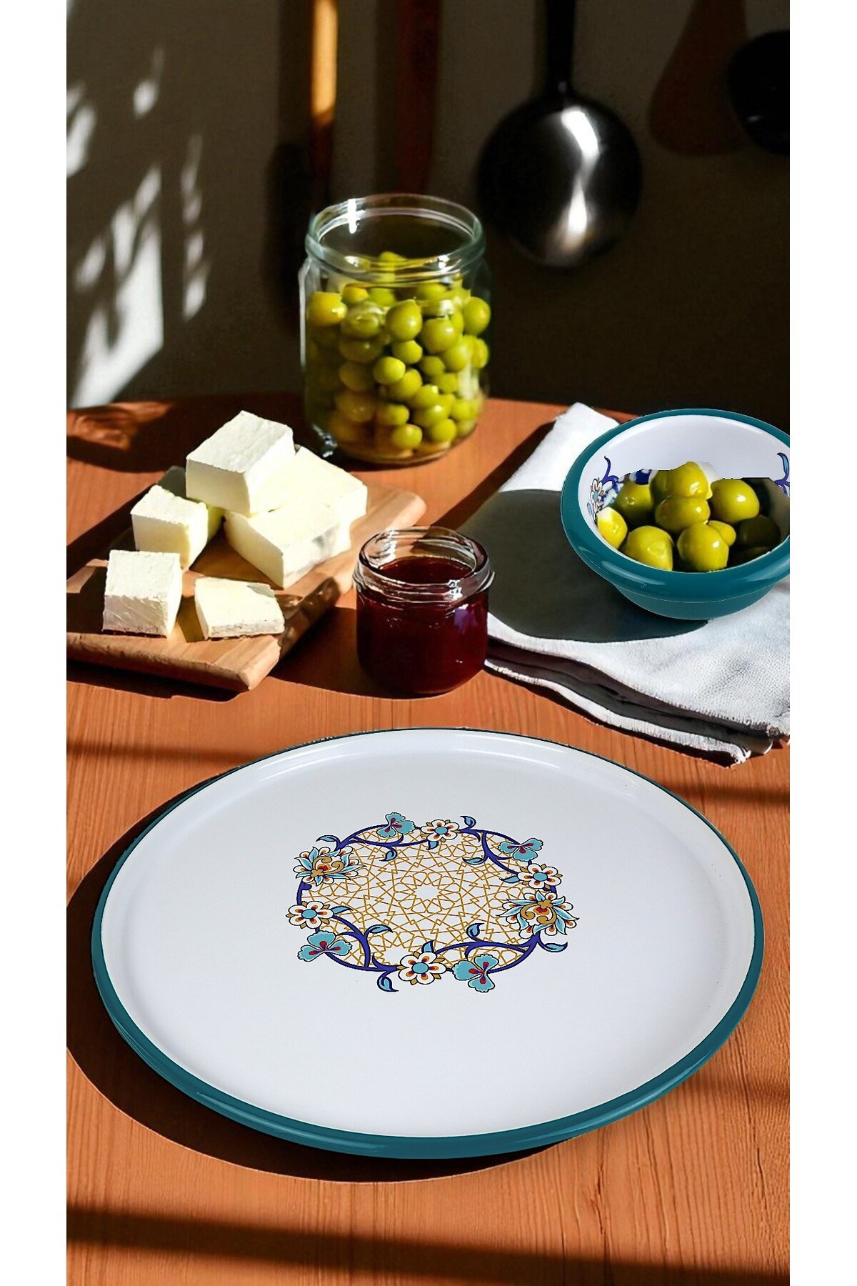 7 Parça Orta Boy Desenli Emaye Kahvaltı Seti,Sunum,Kahvaltı Tabağı, Reçellik,Zeytin, Peynir Tabağı